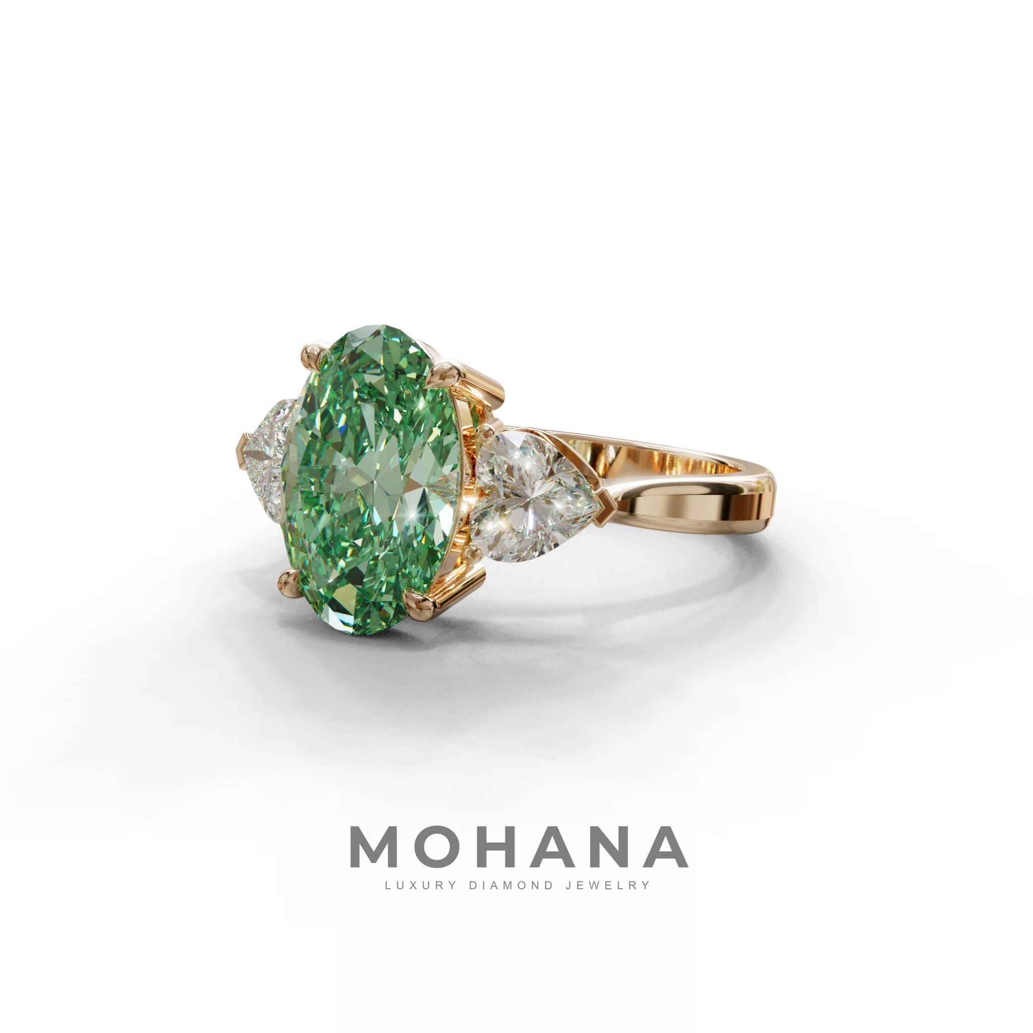 4 Ct Green Oval & Heart Shape 3 Stone Engagement Diamond Ring - Lucid