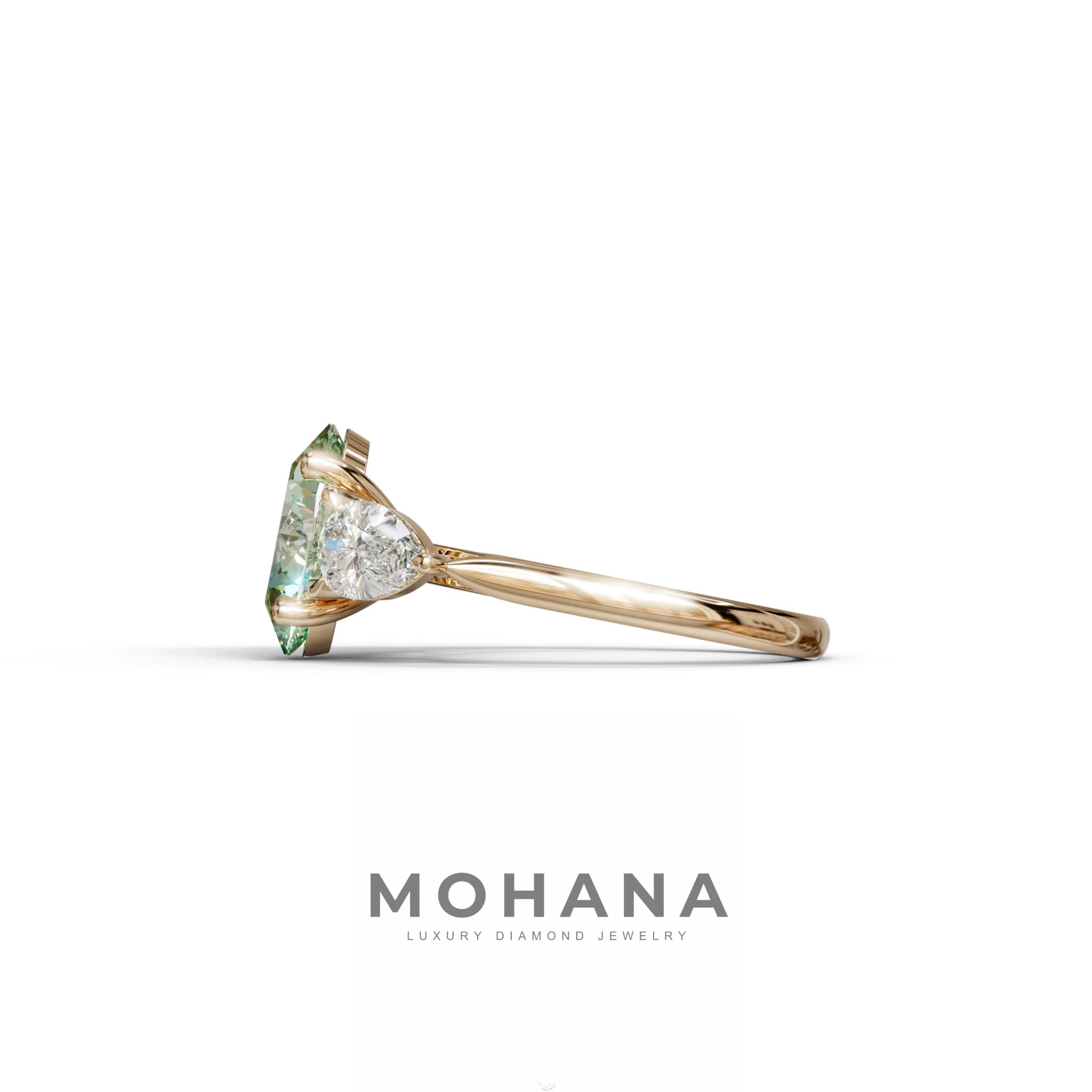 3 Carat Green Oval Lab Grown Diamond Engagement Ring – Three Stone Pear Cut Setting