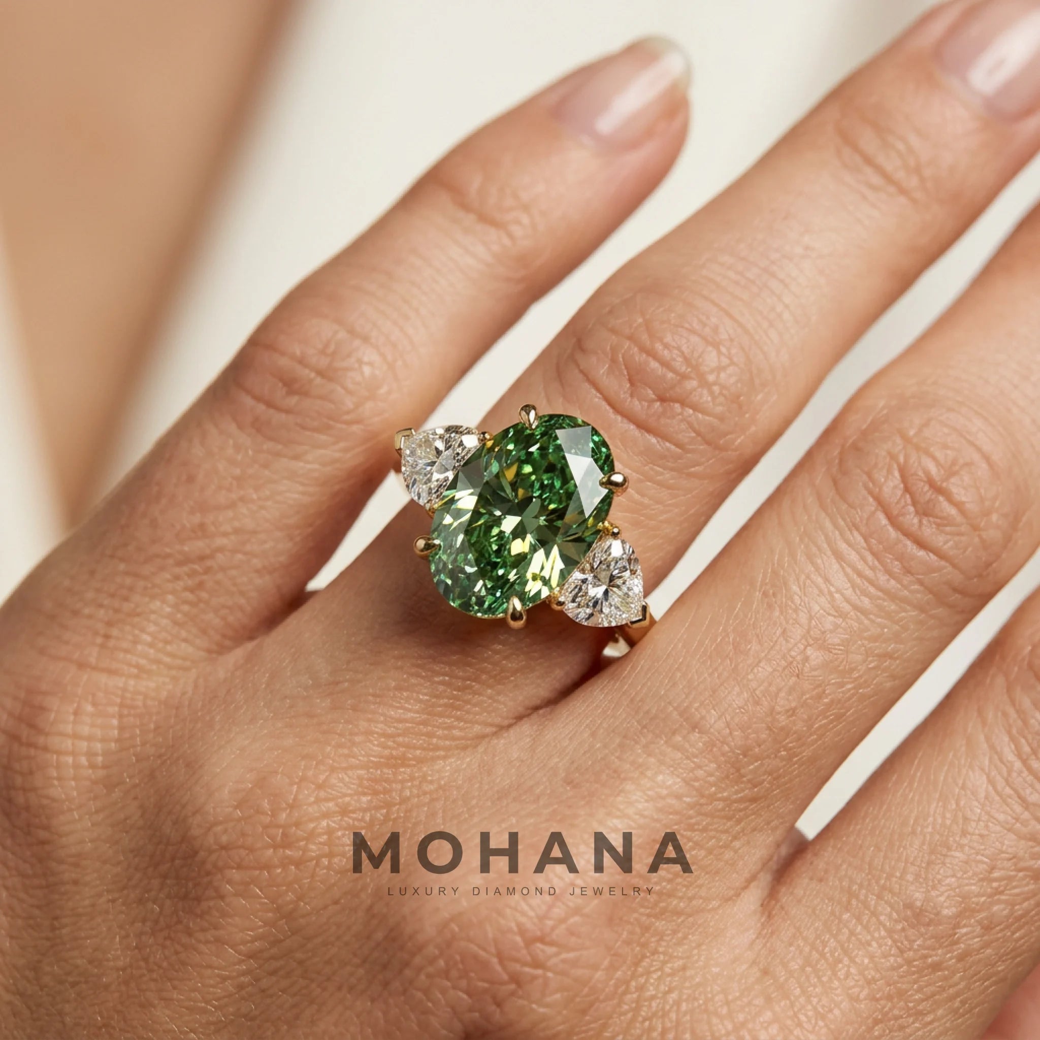 3 Carat Green Oval Lab Grown Diamond Engagement Ring Three Stone Heart Cut