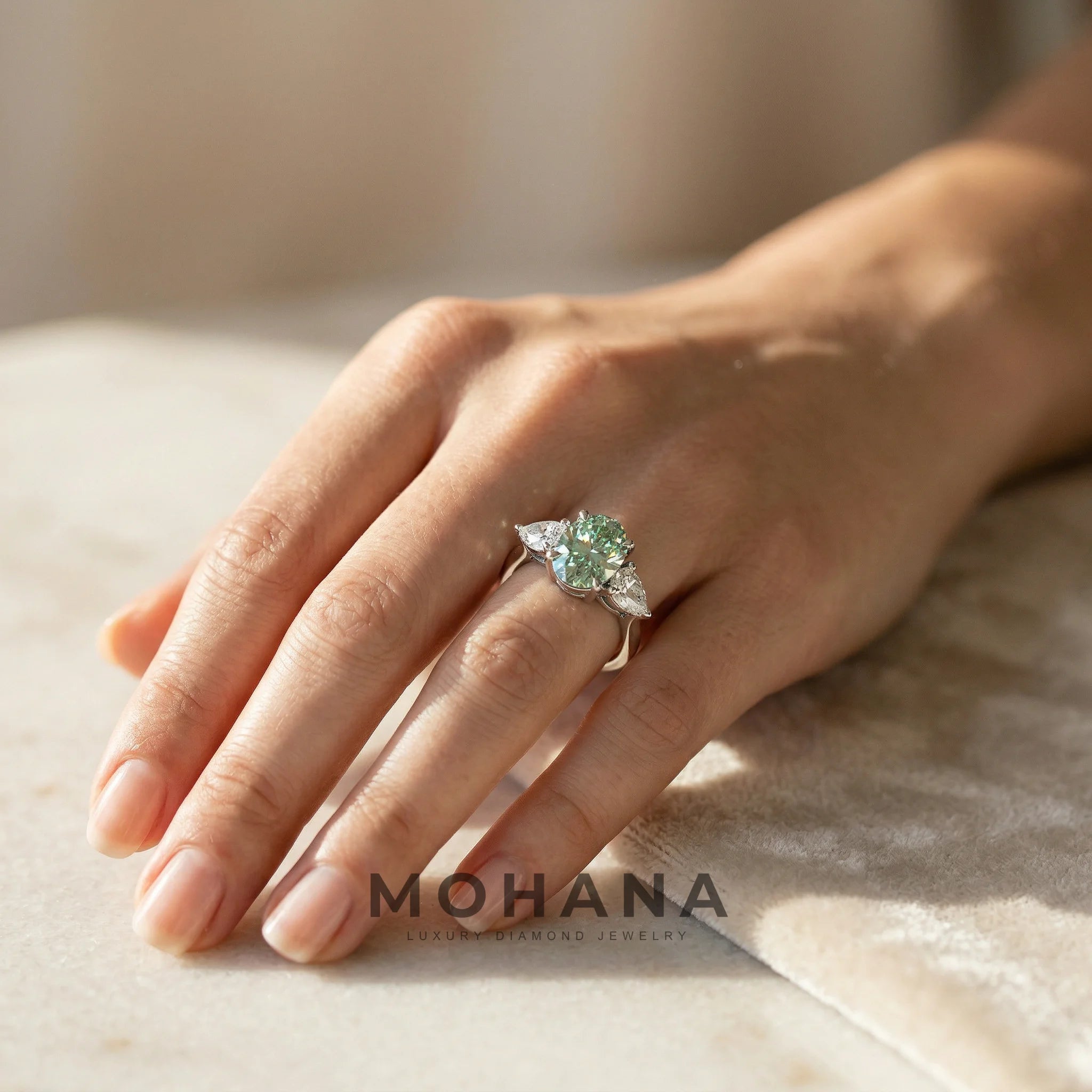 3 Carat Fancy Vivid Green Oval Lab Diamond Three Stone Engagement Ring | Pear Cut Sides | Mohana Jewels