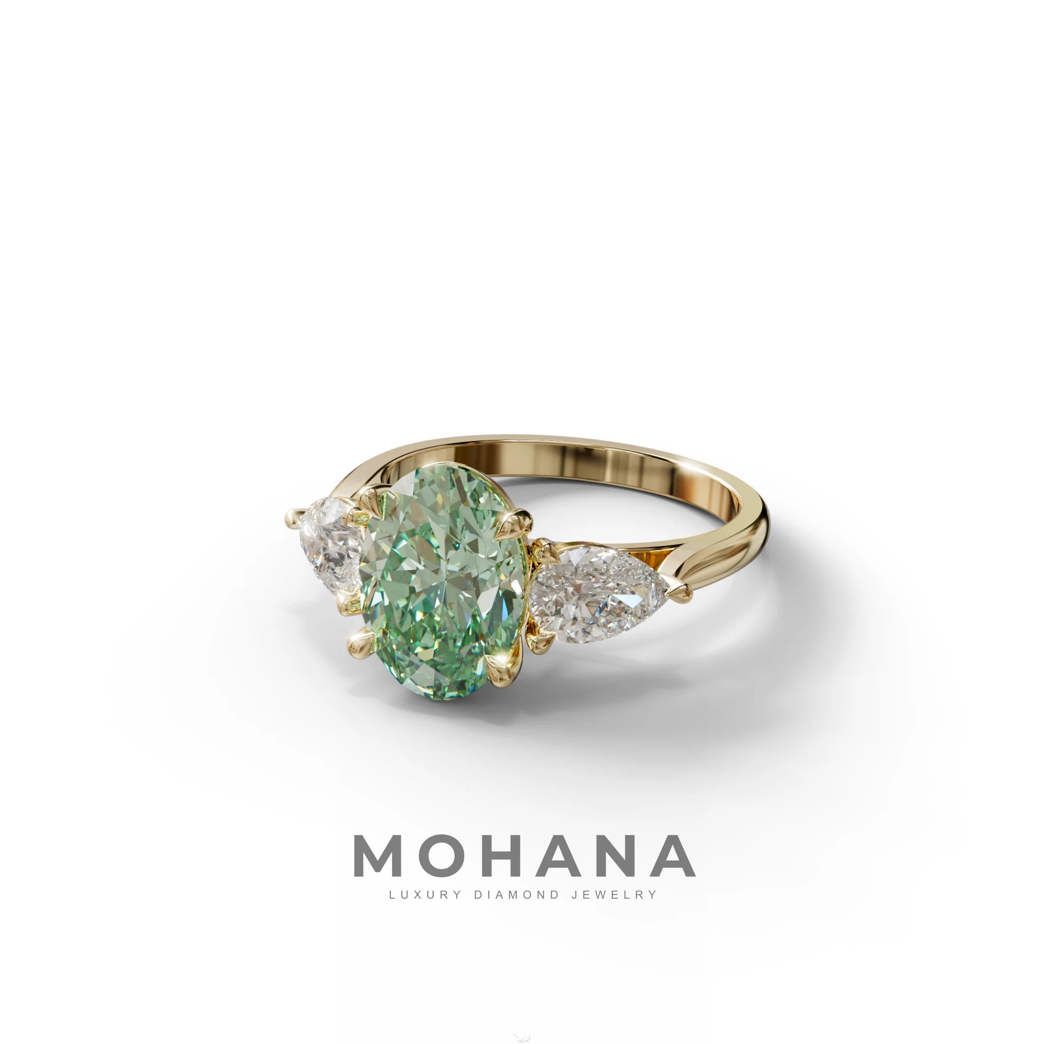 3 Carat Green Oval Lab Grown Diamond Engagement Ring – Three Stone Pear Cut Setting
