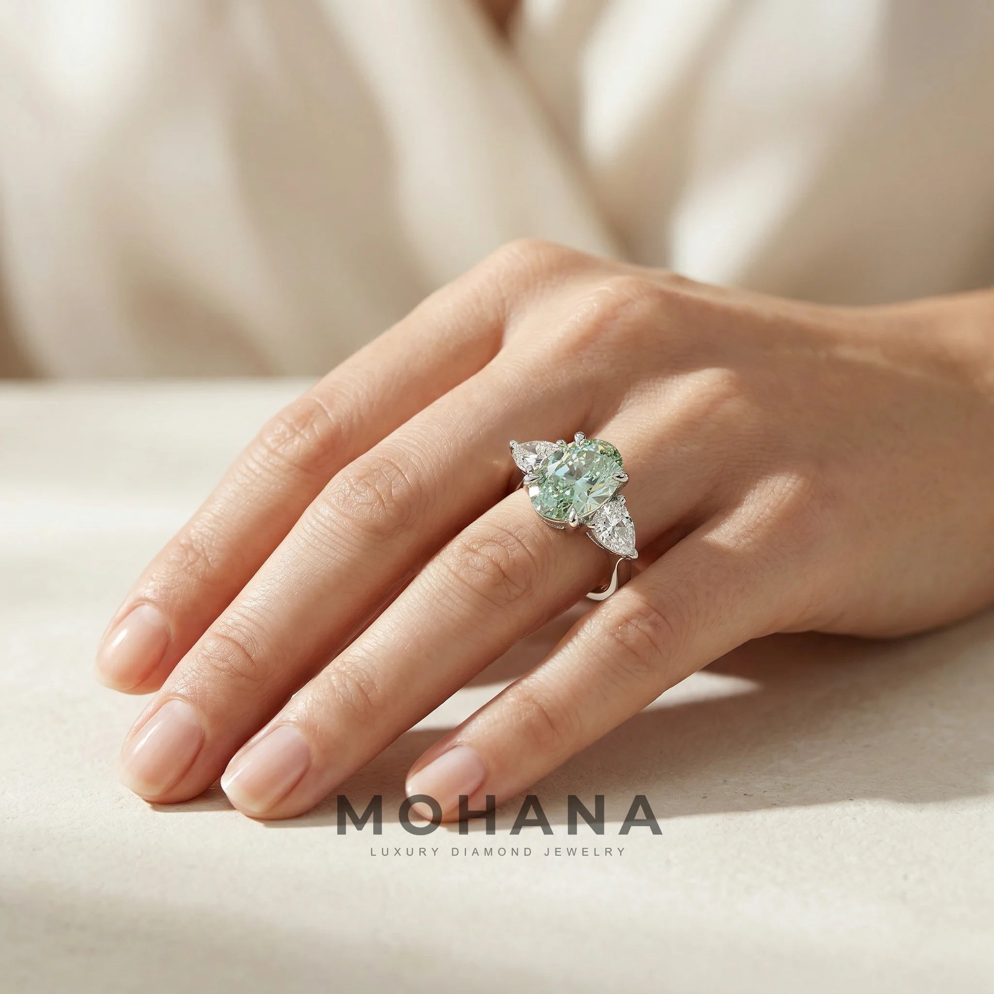 3 Carat Fancy Vivid Green Oval Lab Diamond Three Stone Engagement Ring | Pear Cut Sides | Mohana Jewels