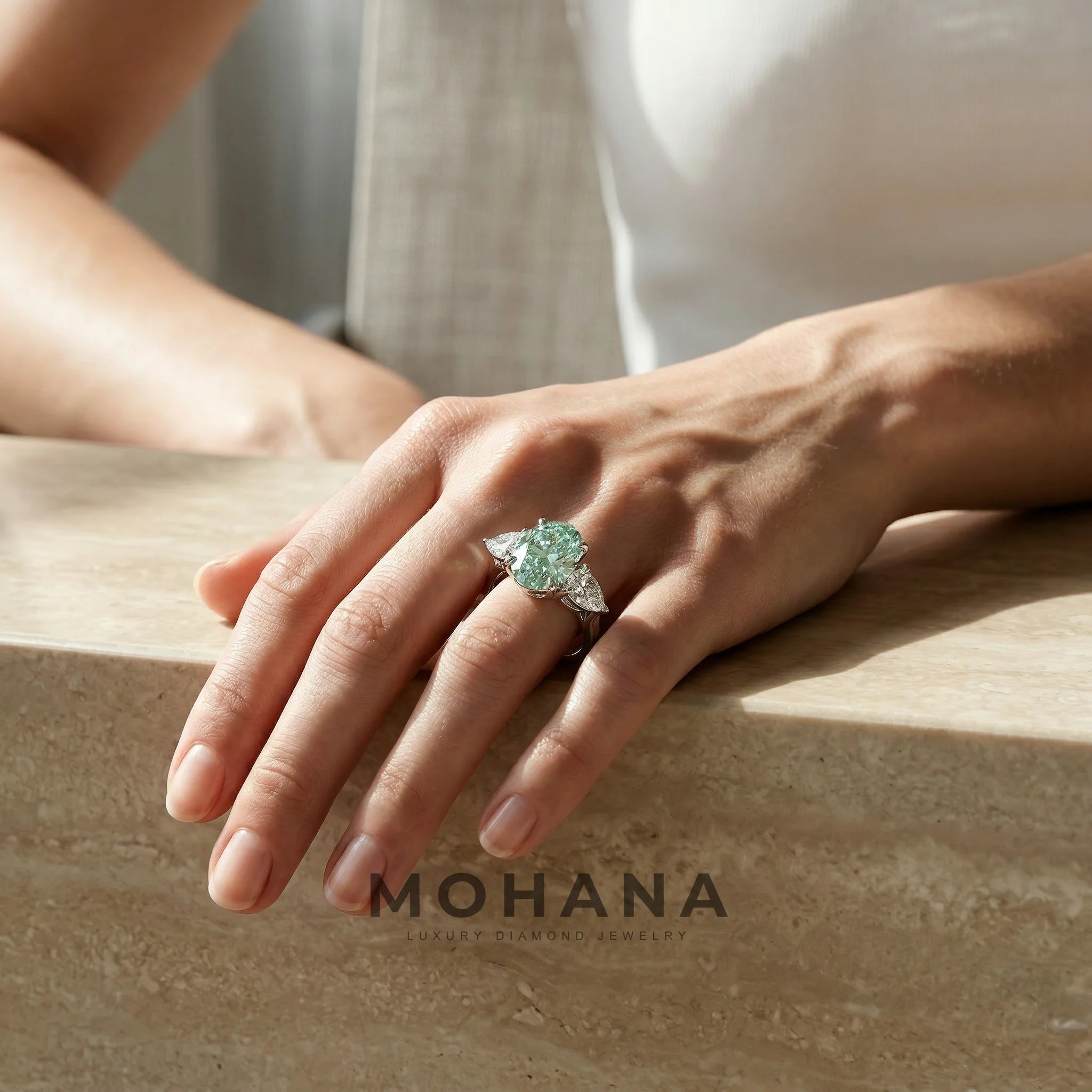 3 Carat Fancy Vivid Green Oval Lab Diamond Three Stone Engagement Ring | Pear Cut Sides | Mohana Jewels