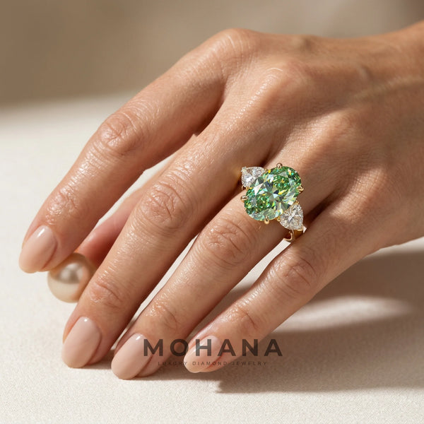 3 Carat Green Lab Grown Diamond Engagement Ring – Oval Cut Three Stone alternate view