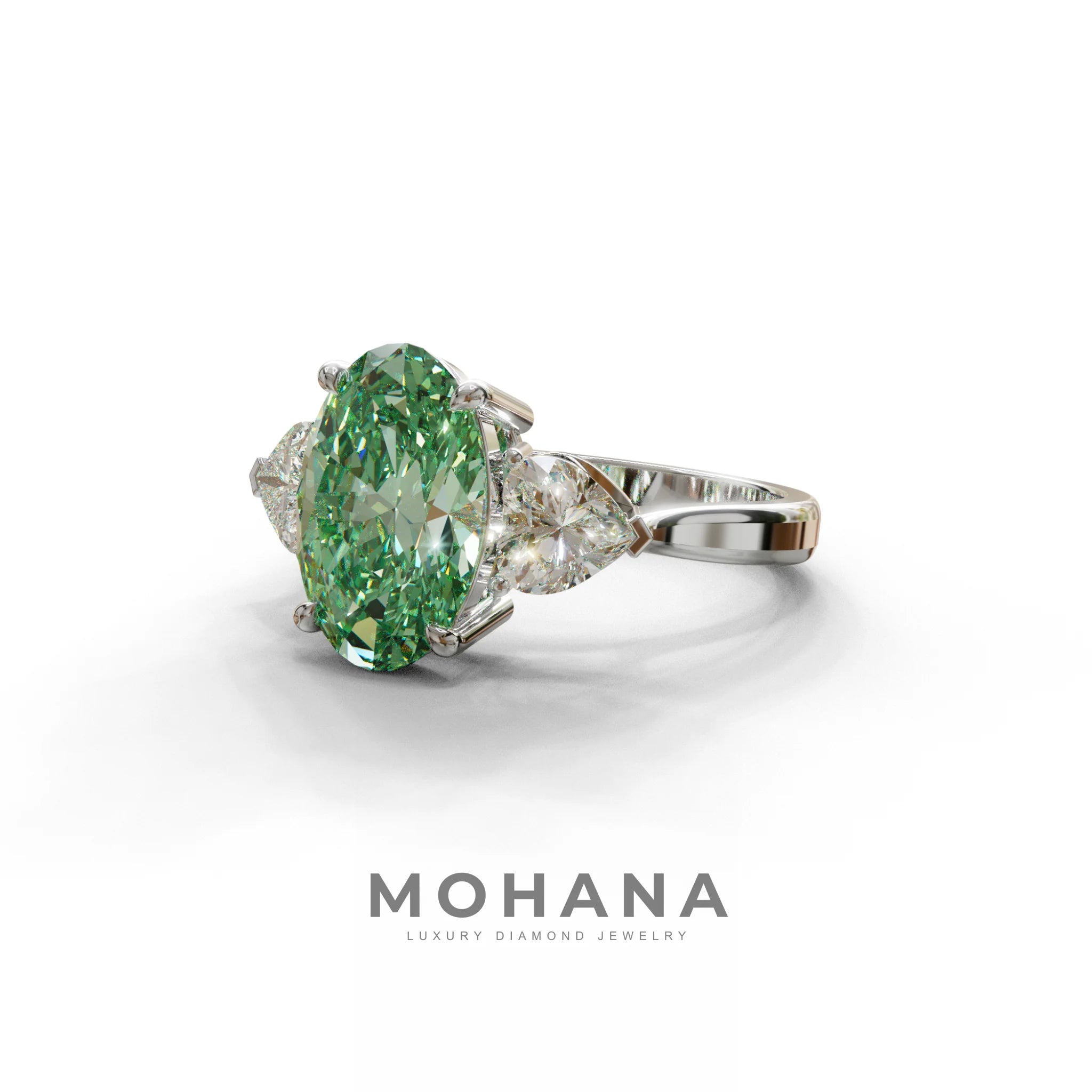 4 Ct Green Oval & Heart Shape 3 Stone Engagement Diamond Ring - Lucid