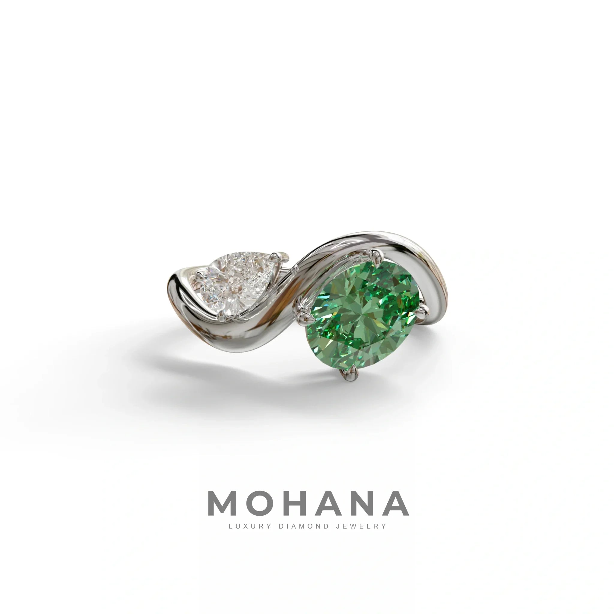 3 Carat Green Oval and Pear Cut Lab Diamond Engagement Ring - Toi Et Moi - 10K Solid Gold / White Gold