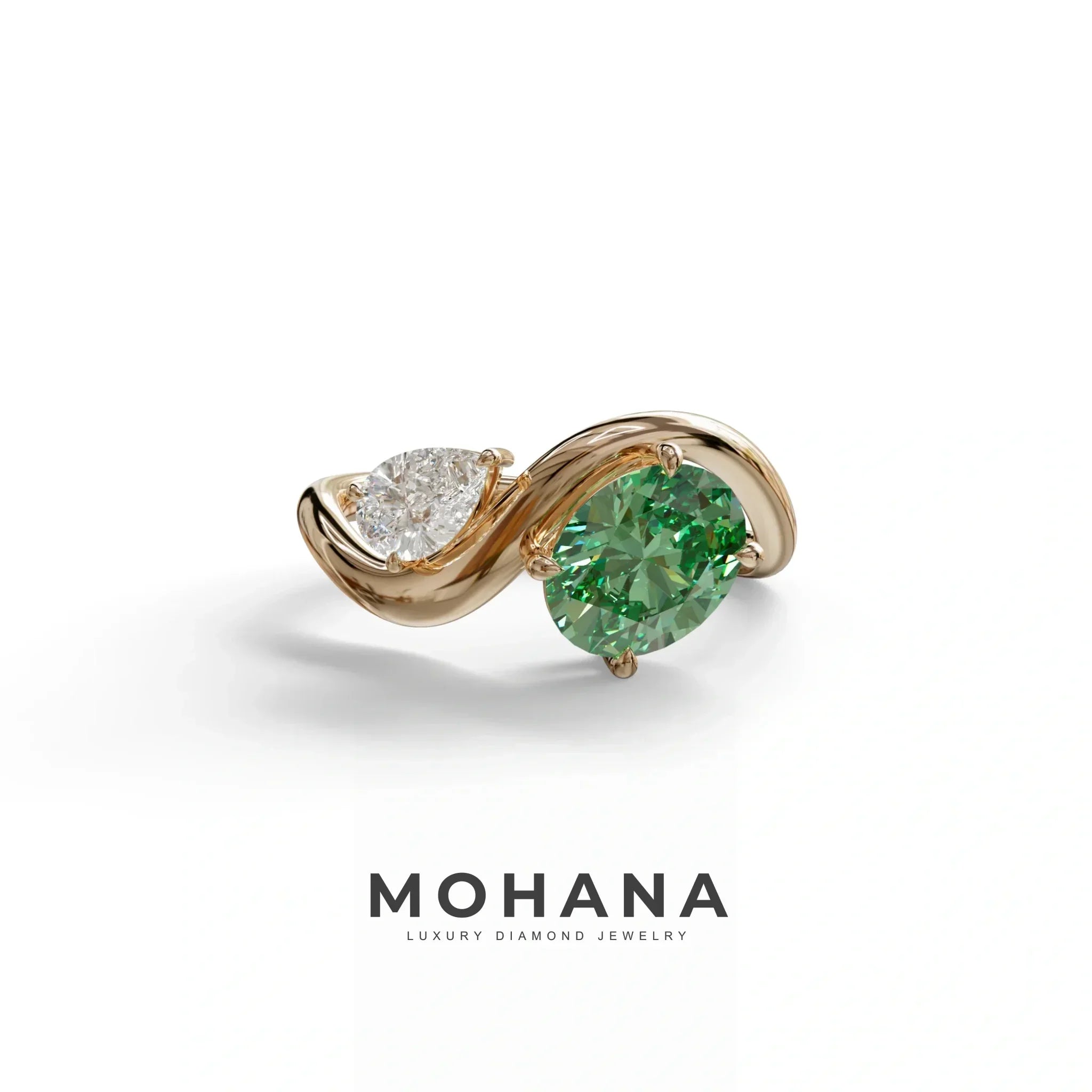 3 Carat Green Oval and Pear Cut Lab Diamond Engagement Ring - Toi Et Moi - 10K Solid Gold / Rose Gold