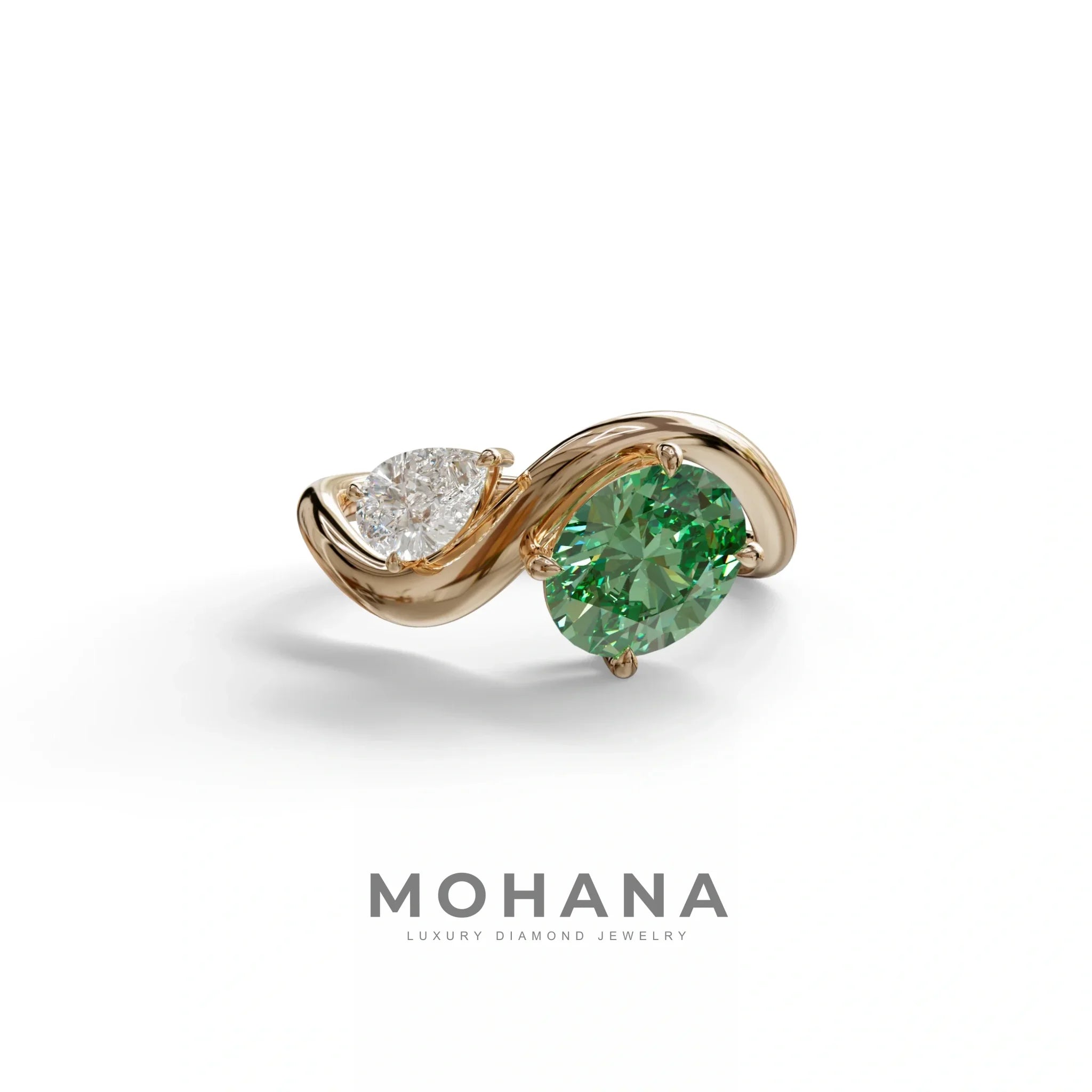 3 Carat Green Oval and Pear Cut Lab Diamond Engagement Ring - Toi Et Moi - 10K Solid Gold / Rose Gold
