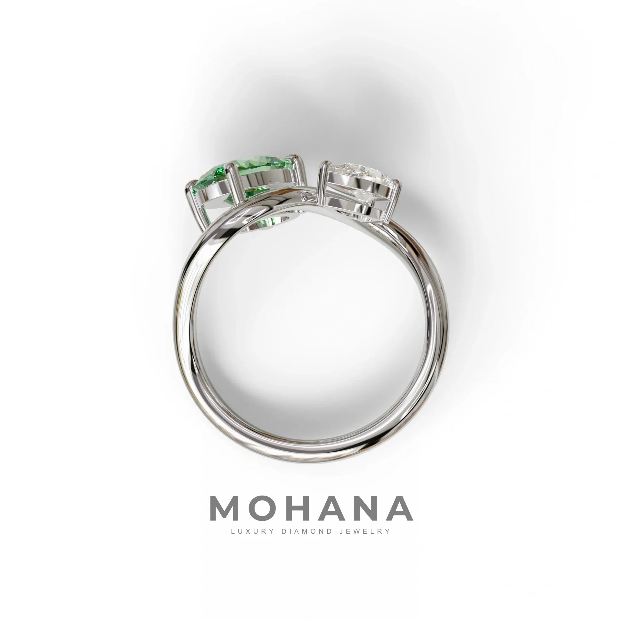 3 Carat Green Oval and Pear Cut Lab Diamond Engagement Ring - Toi Et Moi