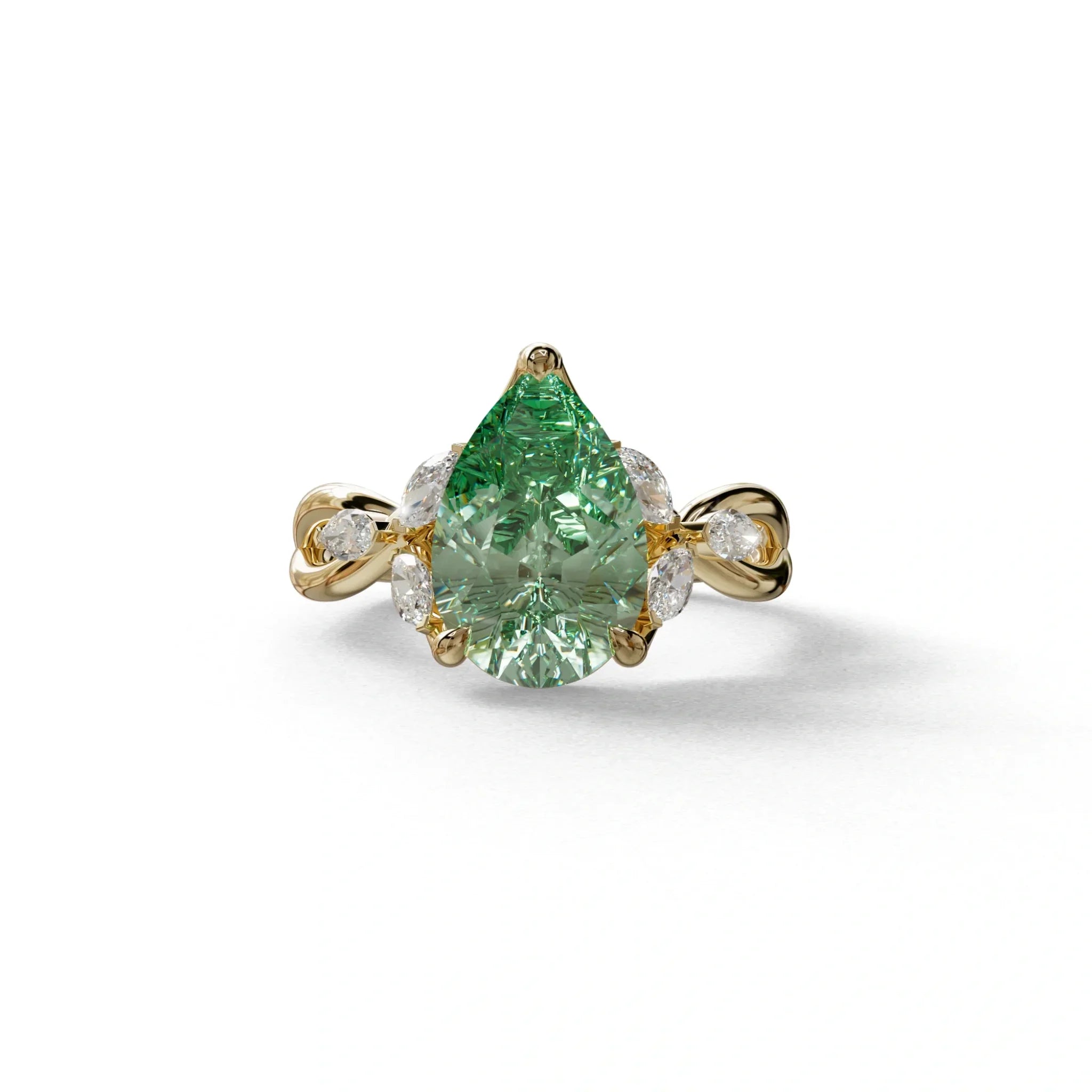 3 Carat Green Pear Cut Cluster-Vintage Setting Lab Grown Diamond Ring - Celena - 10K Solid Gold / Yellow Gold