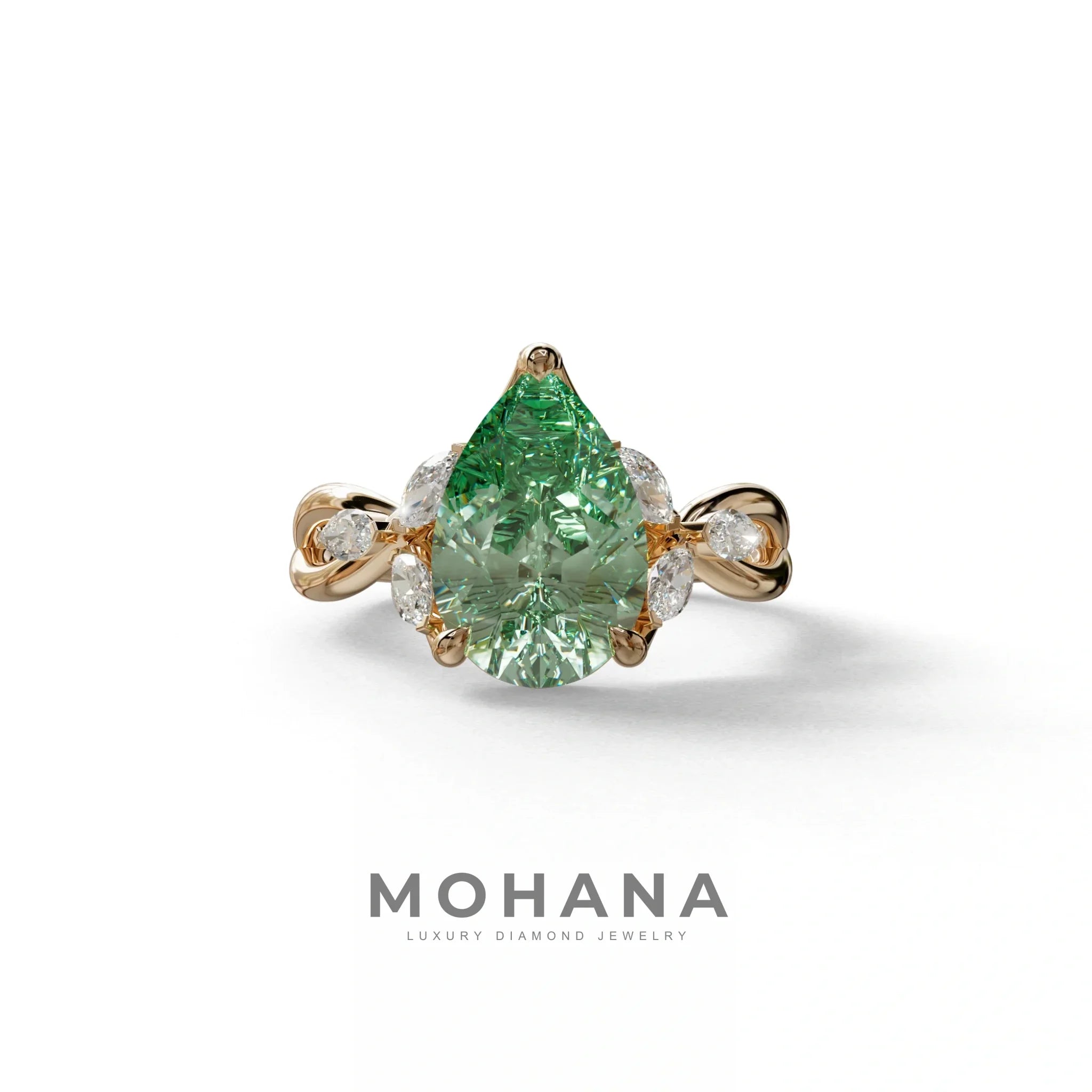 3 Carat Green Pear Cut Cluster-Vintage Setting Lab Grown Diamond Ring - Celena - 10K Solid Gold / Rose Gold