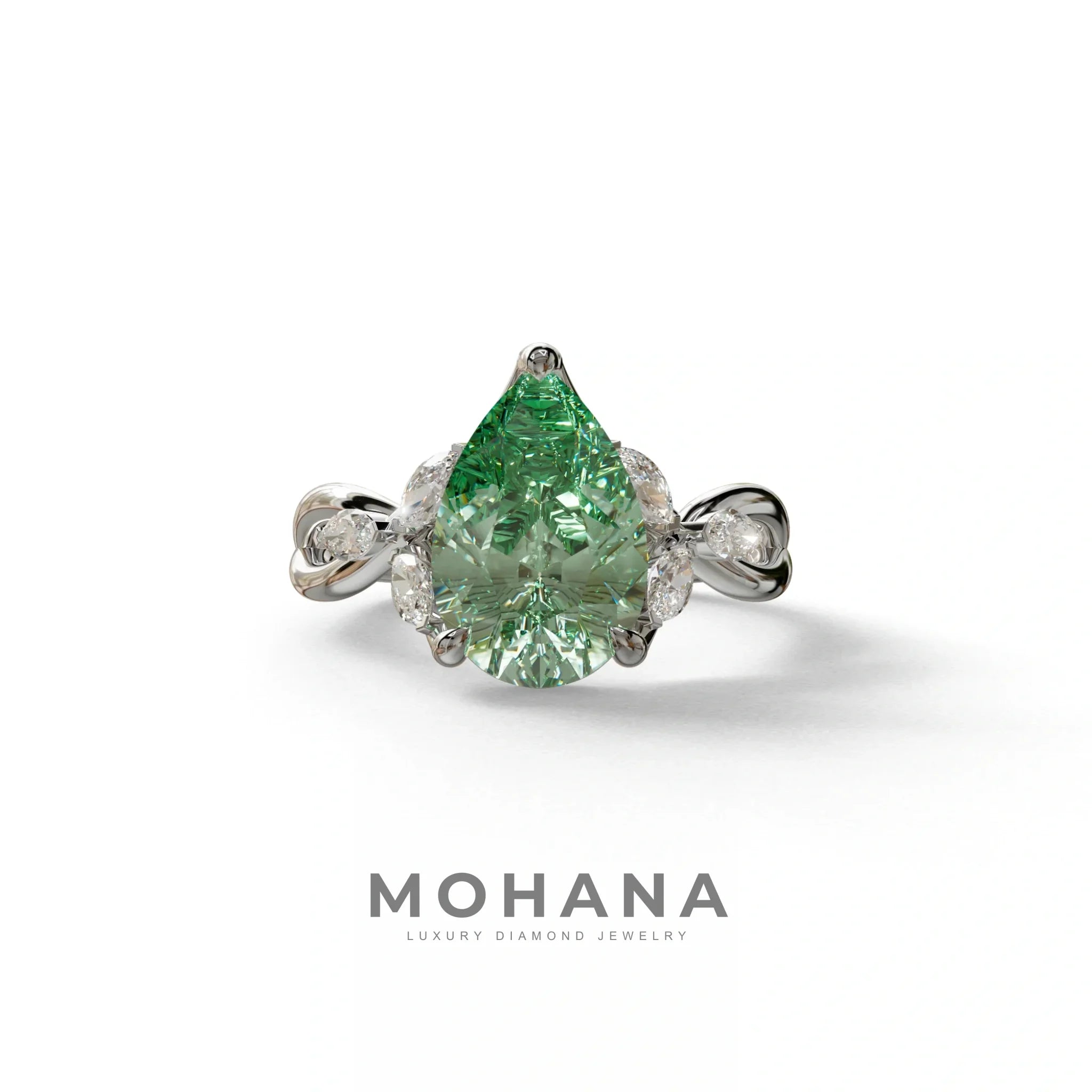 3 Carat Green Pear Cut Cluster-Vintage Setting Lab Grown Diamond Ring - Celena - 10K Solid Gold / White Gold