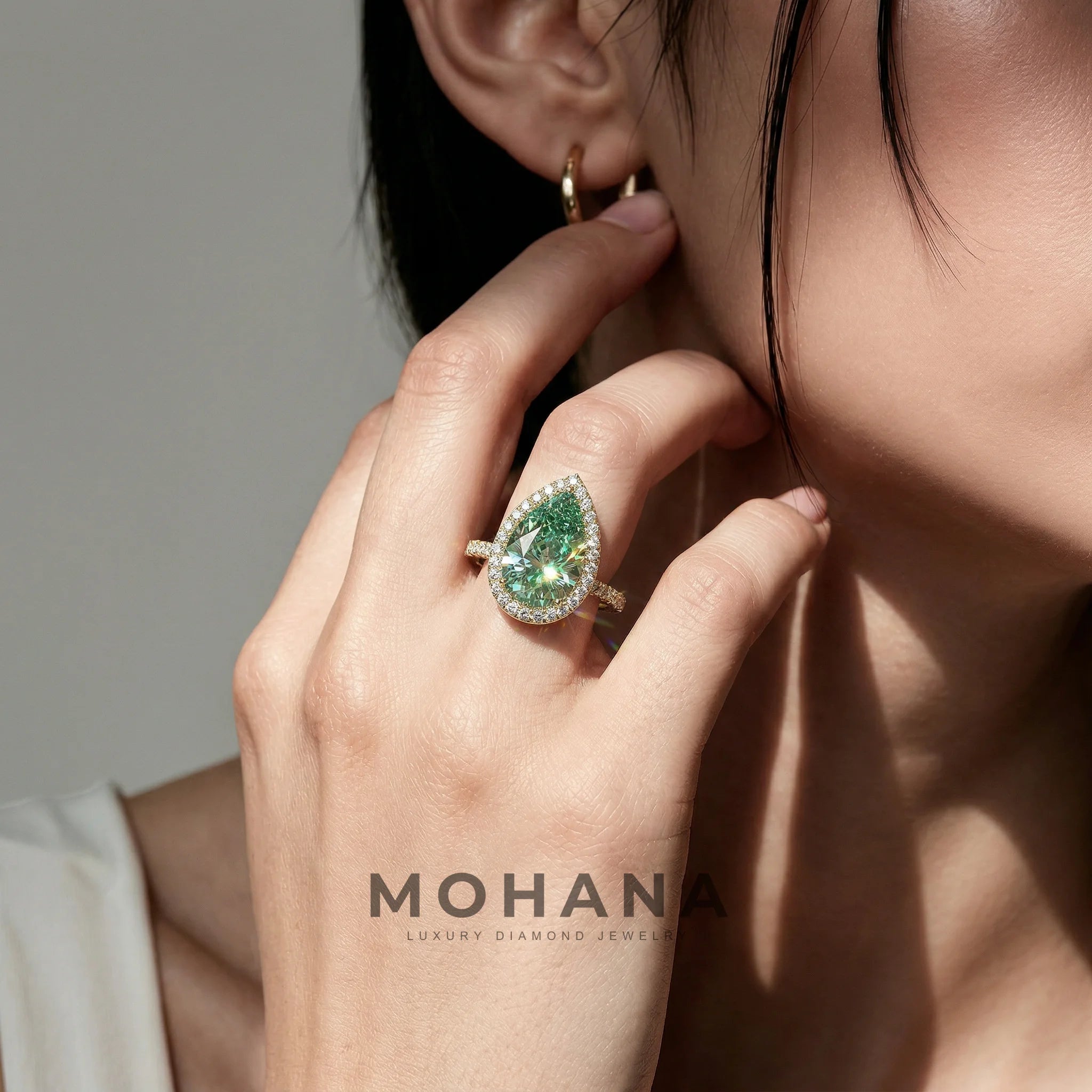 3ct Fancy Vivid Green Pear Cut Halo & Pave Lab Grown Diamond Engagement Ring - Madona