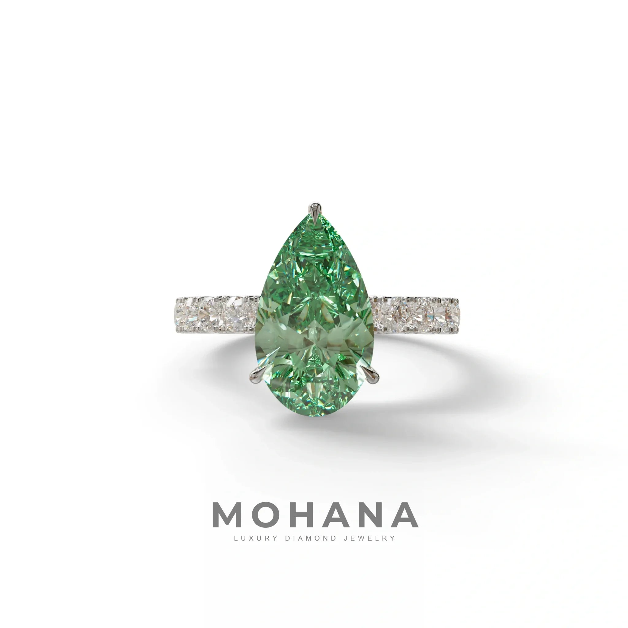 3 Carat Fancy Vivid Green Pear Cut Lab grown Diamond Engagement Ring - Feesia - 10K Solid Gold / White Gold