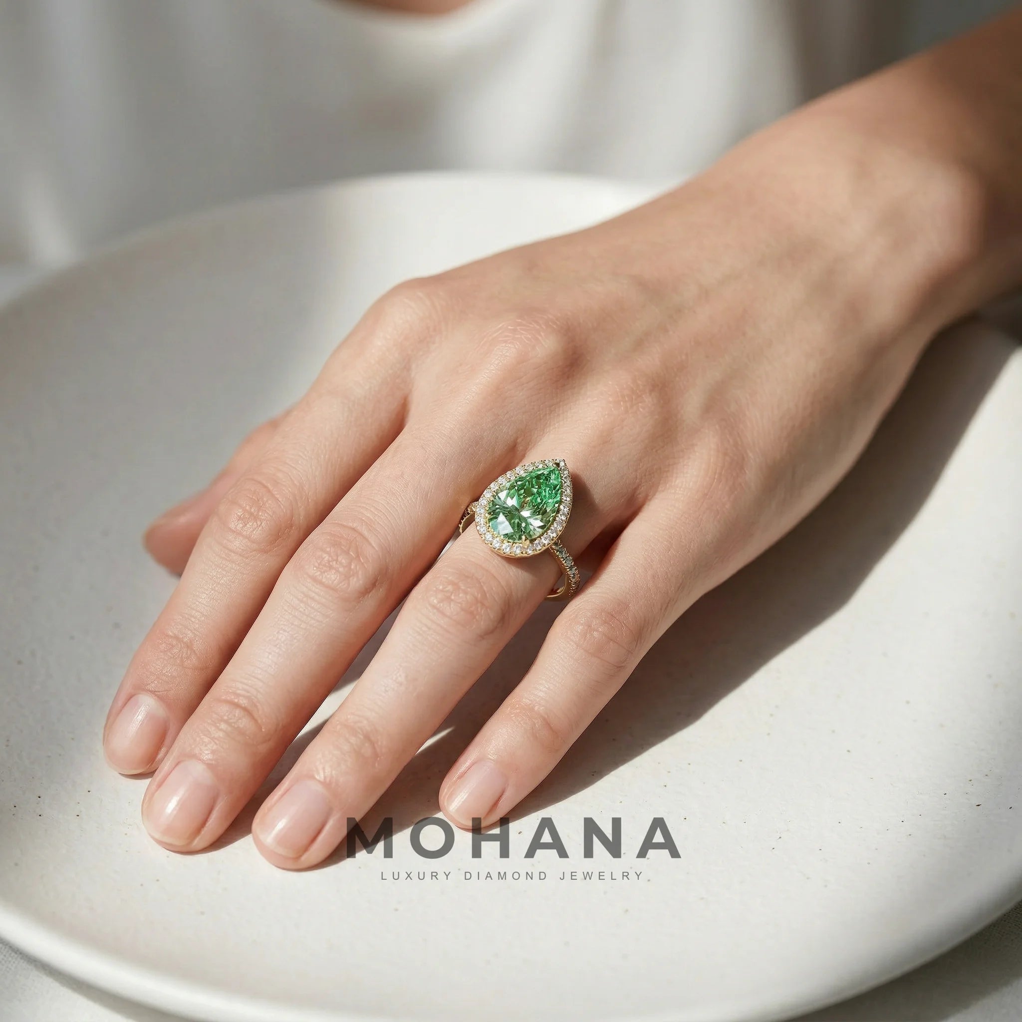 3ct Fancy Vivid Green Pear Cut Halo & Pave Lab Grown Diamond Engagement Ring - Madona