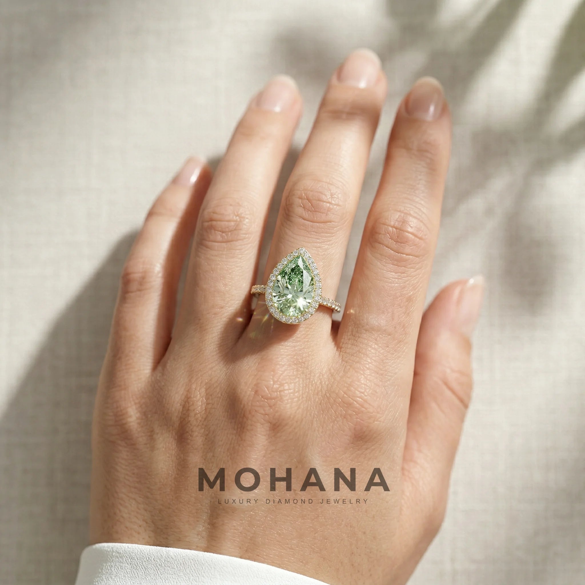 3ct Fancy Vivid Green Pear Cut Halo & Pave Lab Grown Diamond Engagement Ring - Madona