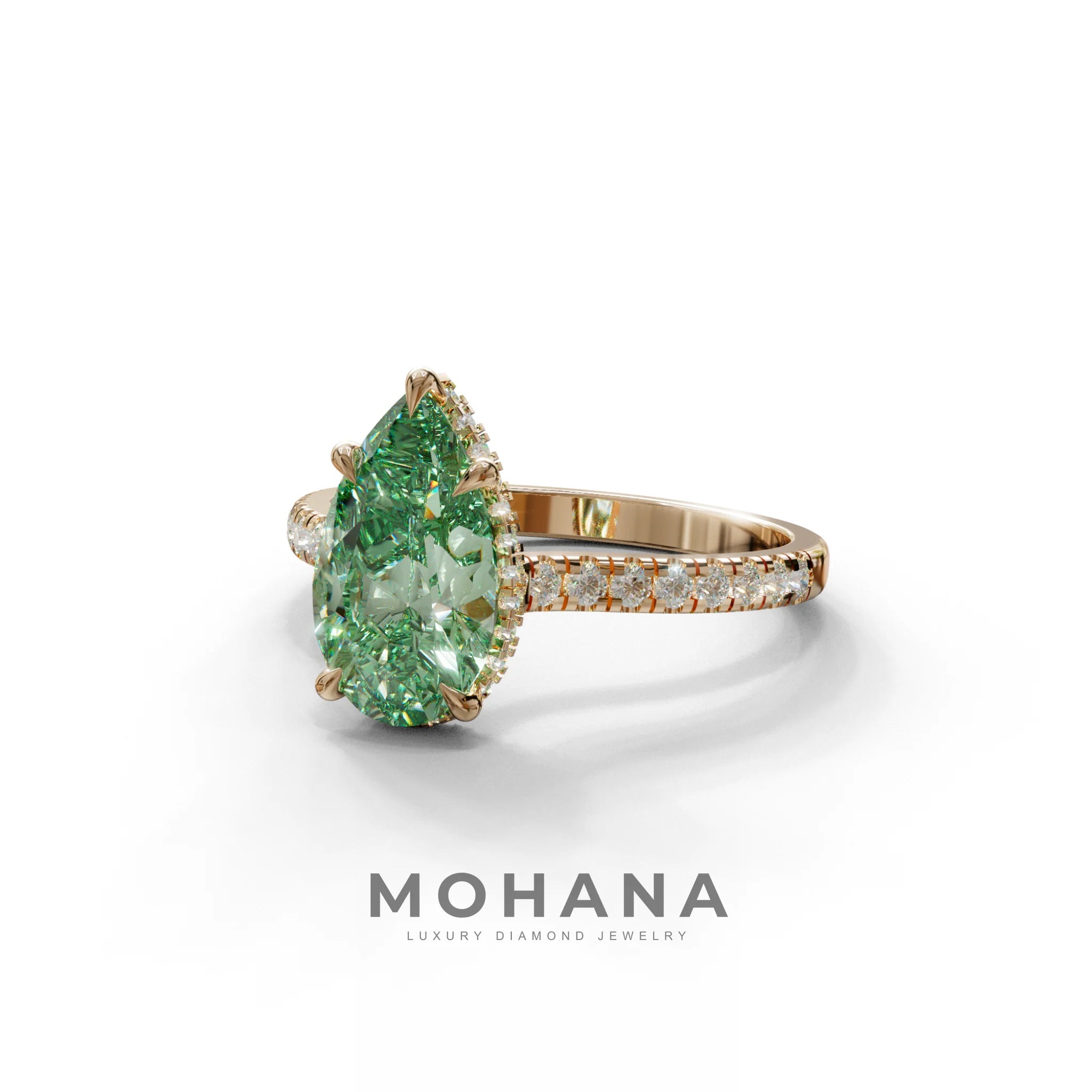 3 Carat Green Pear Cut Hidden Halo & Pave Set Lab Diamond Ring - Eblouissant