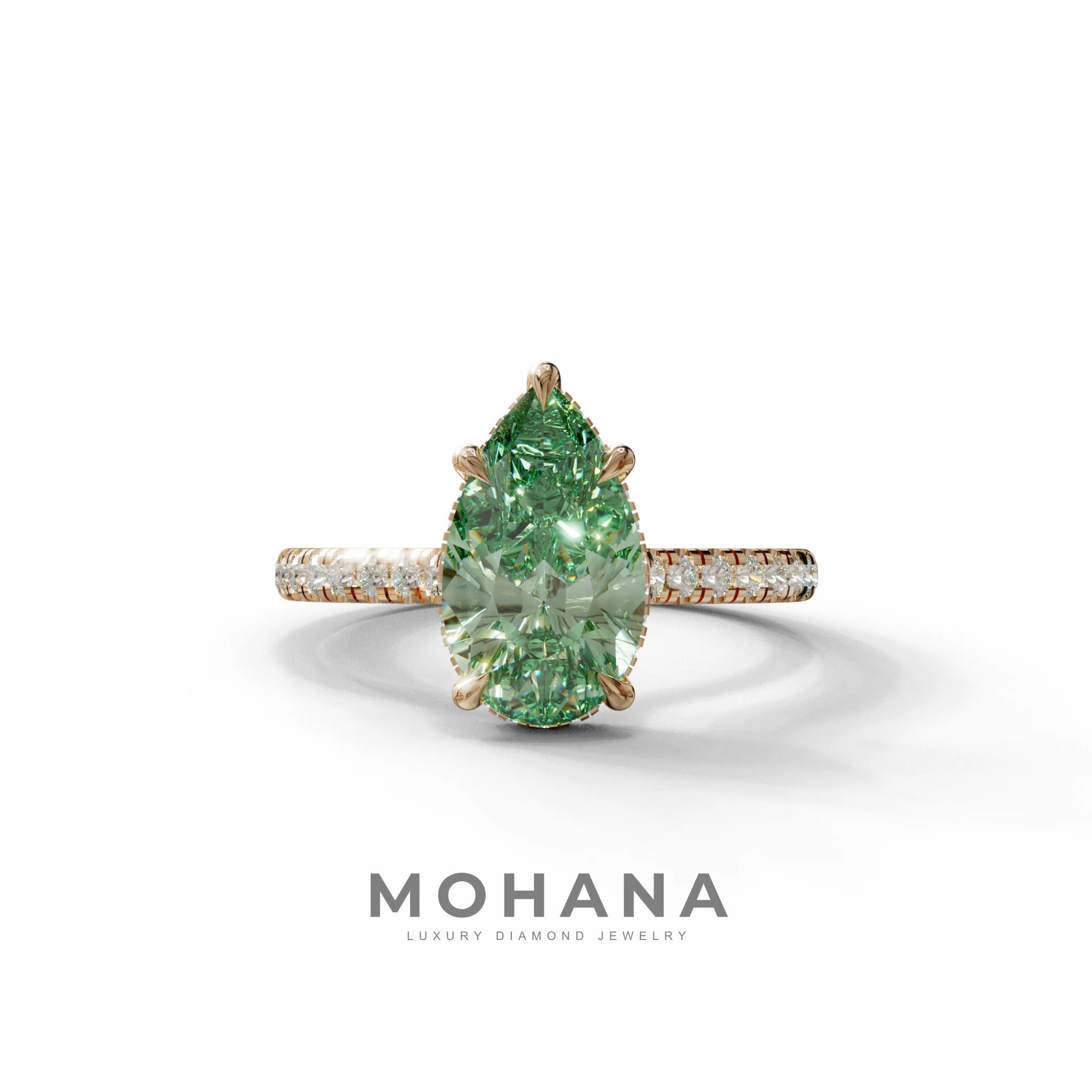 3 Carat Green Pear Cut Hidden Halo & Pave Set Lab Diamond Ring - Eblouissant - 10K Solid Gold / Rose Gold