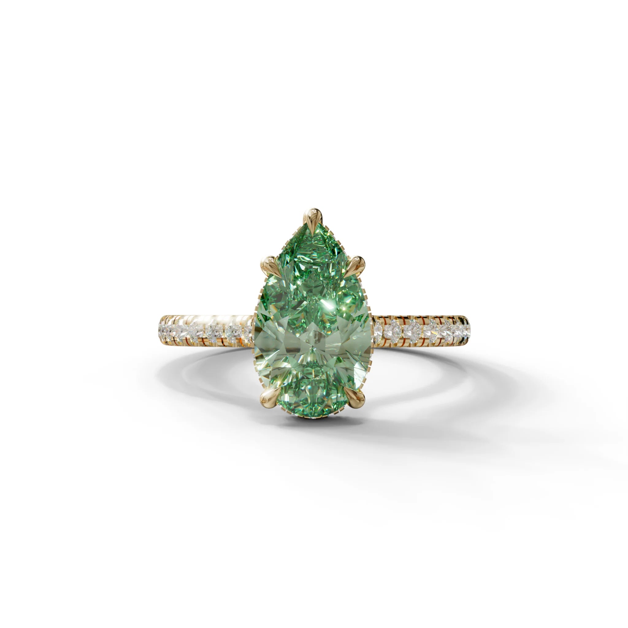 3 Carat Green Pear Cut Hidden Halo & Pave Set Lab Diamond Ring - Eblouissant - 10K Solid Gold / Yellow Gold