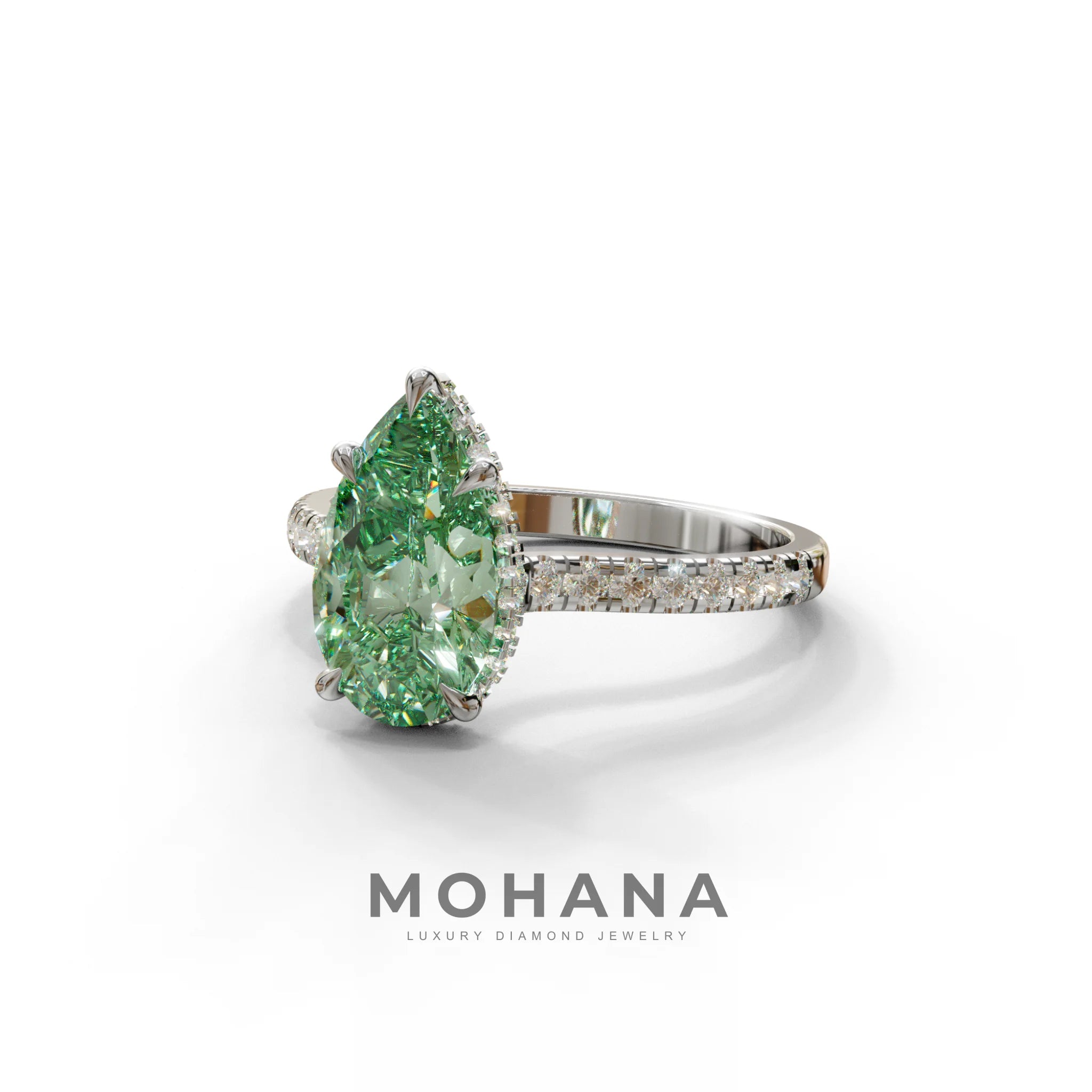 3 Carat Green Pear Cut Hidden Halo & Pave Set Lab Diamond Ring - Eblouissant