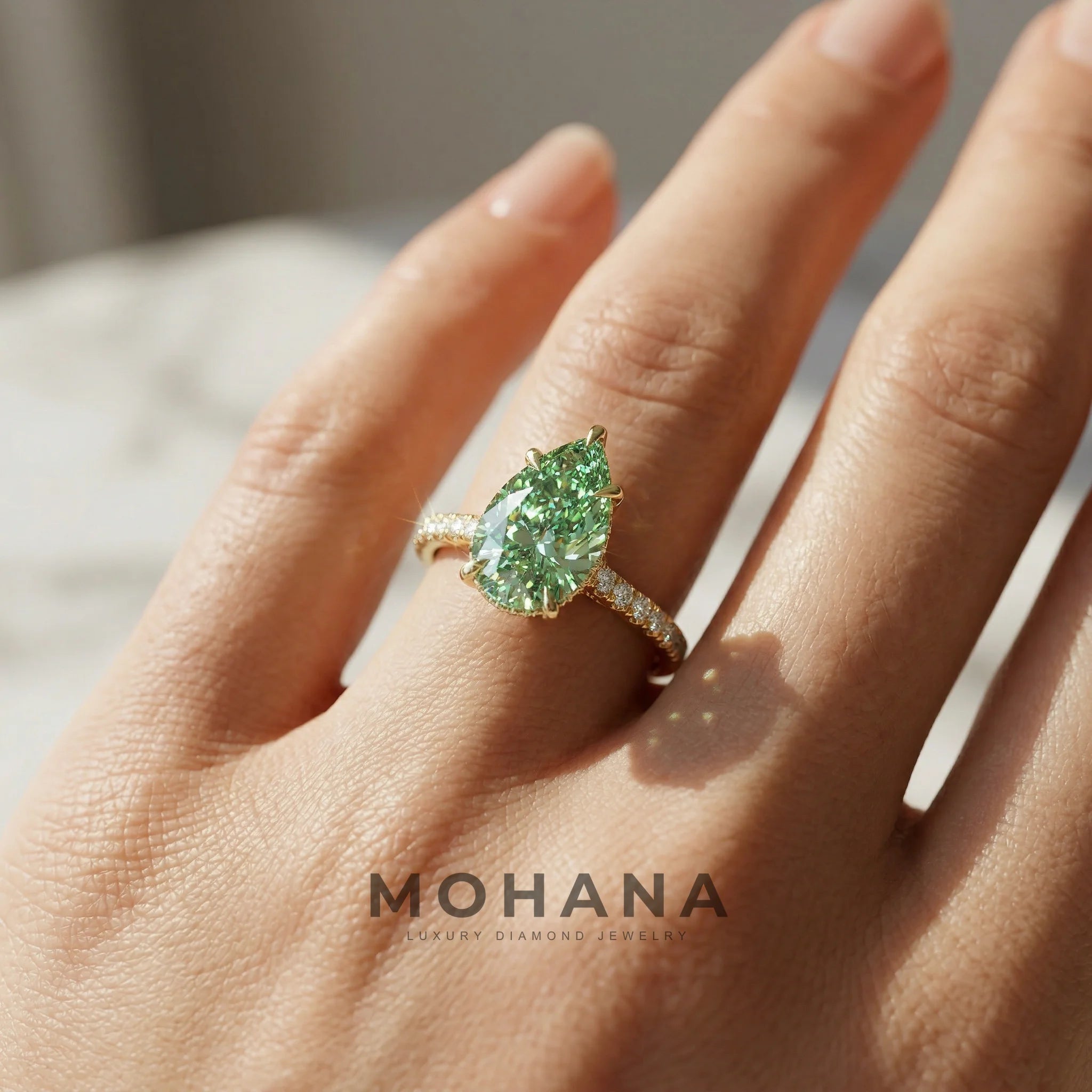 3 Carat Green Pear Cut Hidden Halo & Pave Set Lab Diamond Ring - Eblouissant