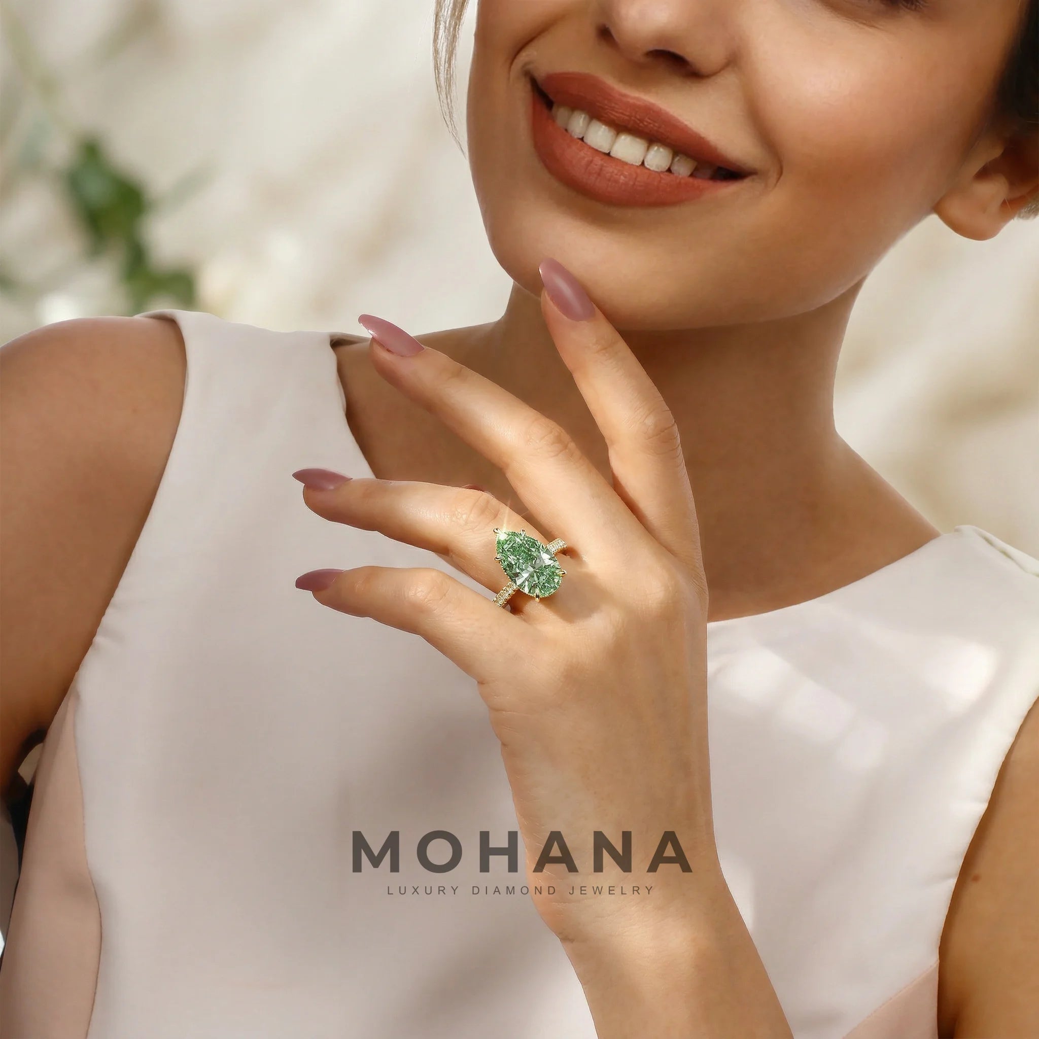 3 Carat Green Pear Cut Hidden Halo & Pave Set Lab Diamond Ring - Eblouissant