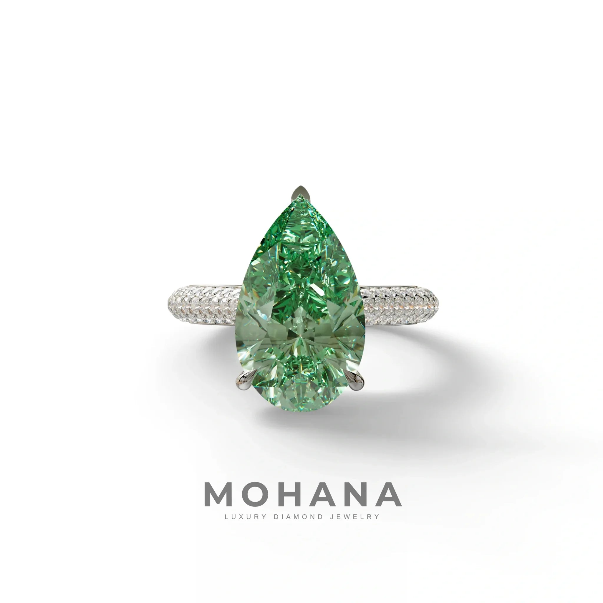 3 Carat Green Pear Shaped Hidden Halo Lab Diamond Engagement Ring - Alina - 10K Solid Gold / White Gold