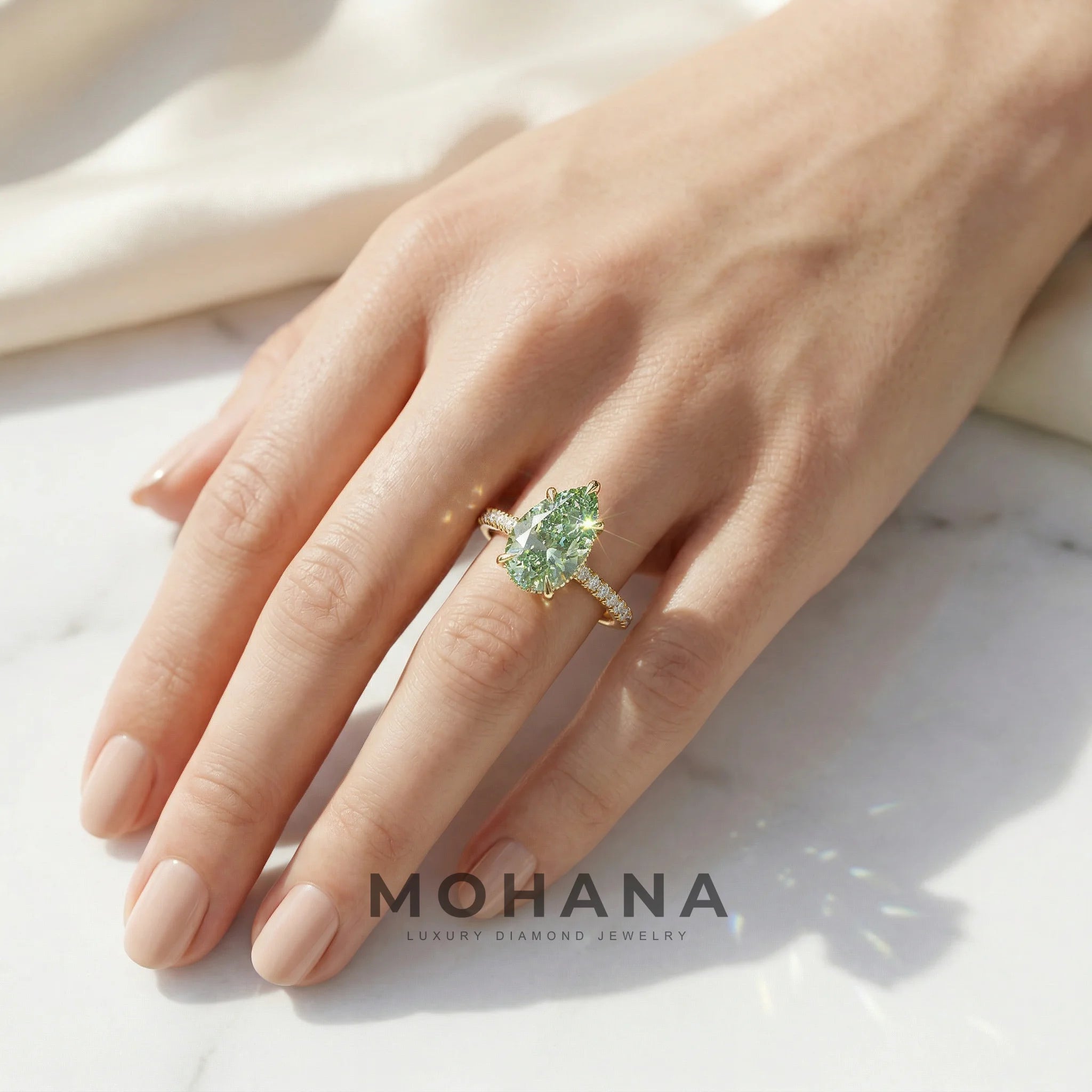3 Carat Green Pear Cut Hidden Halo & Pave Set Lab Diamond Ring - Eblouissant