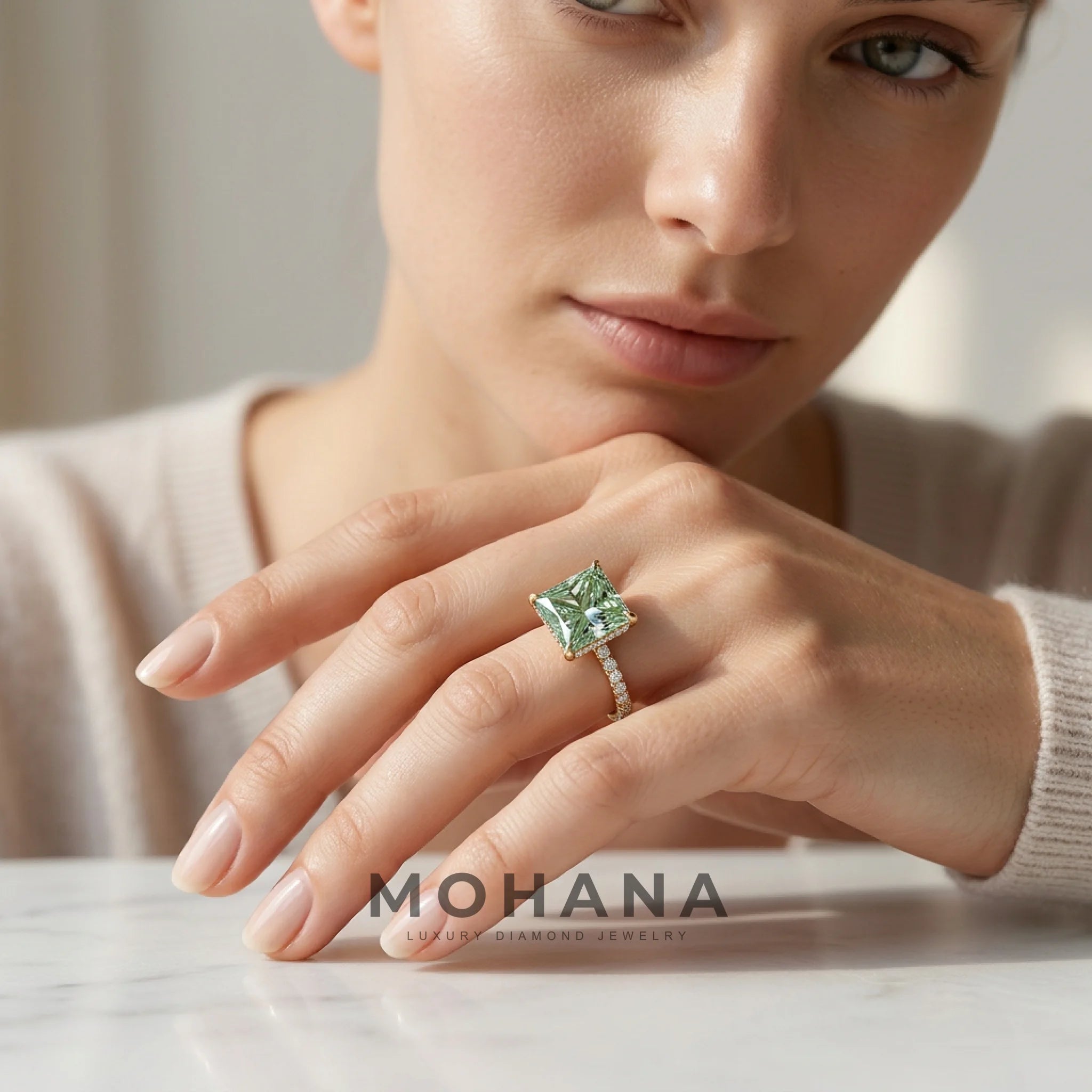 3 Carat Fancy Green Princess Cut Hidden Halo Lab Grown Diamond Engagement Ring