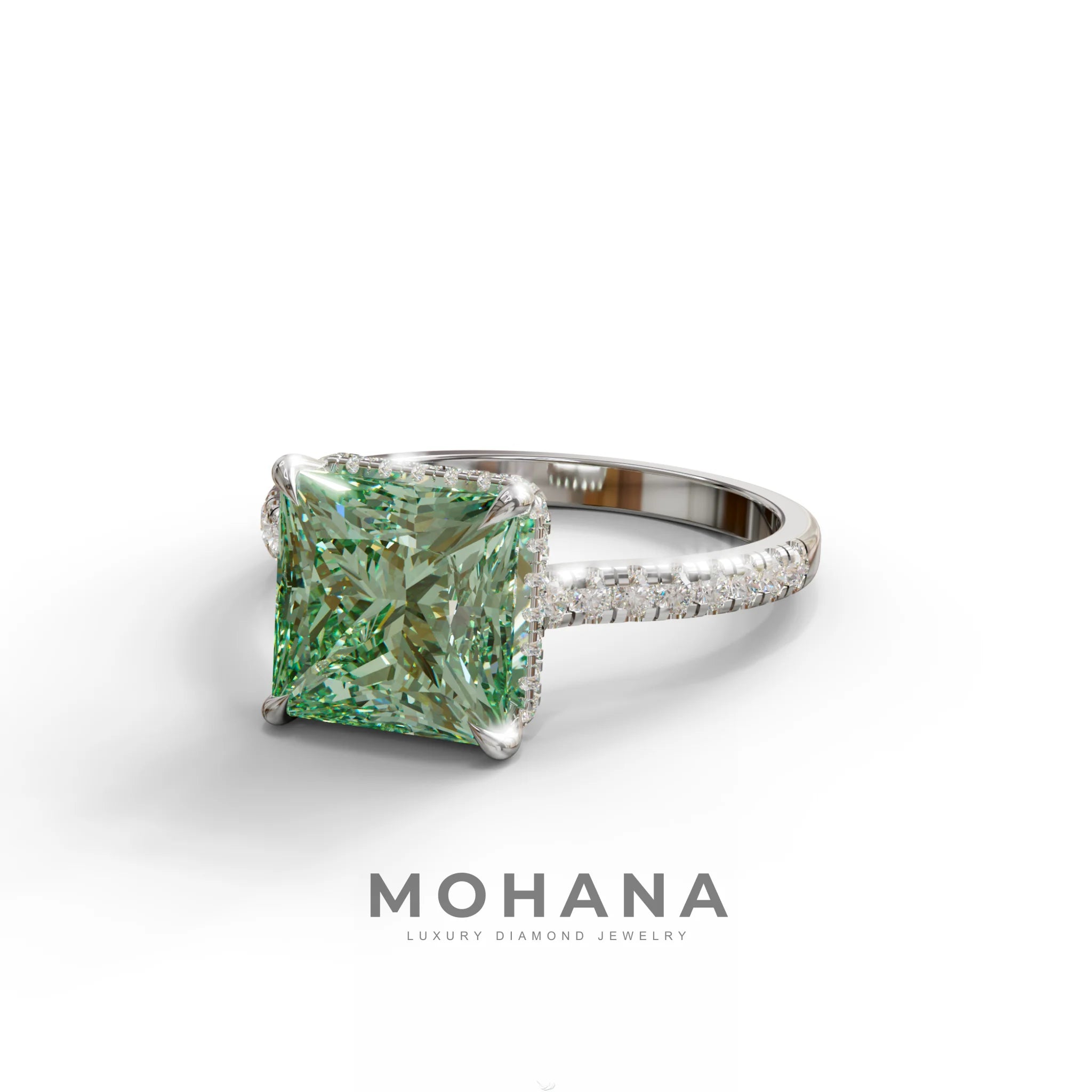 3 Carat Fancy Green Princess Cut Hidden Halo Lab Grown Diamond Engagement Ring