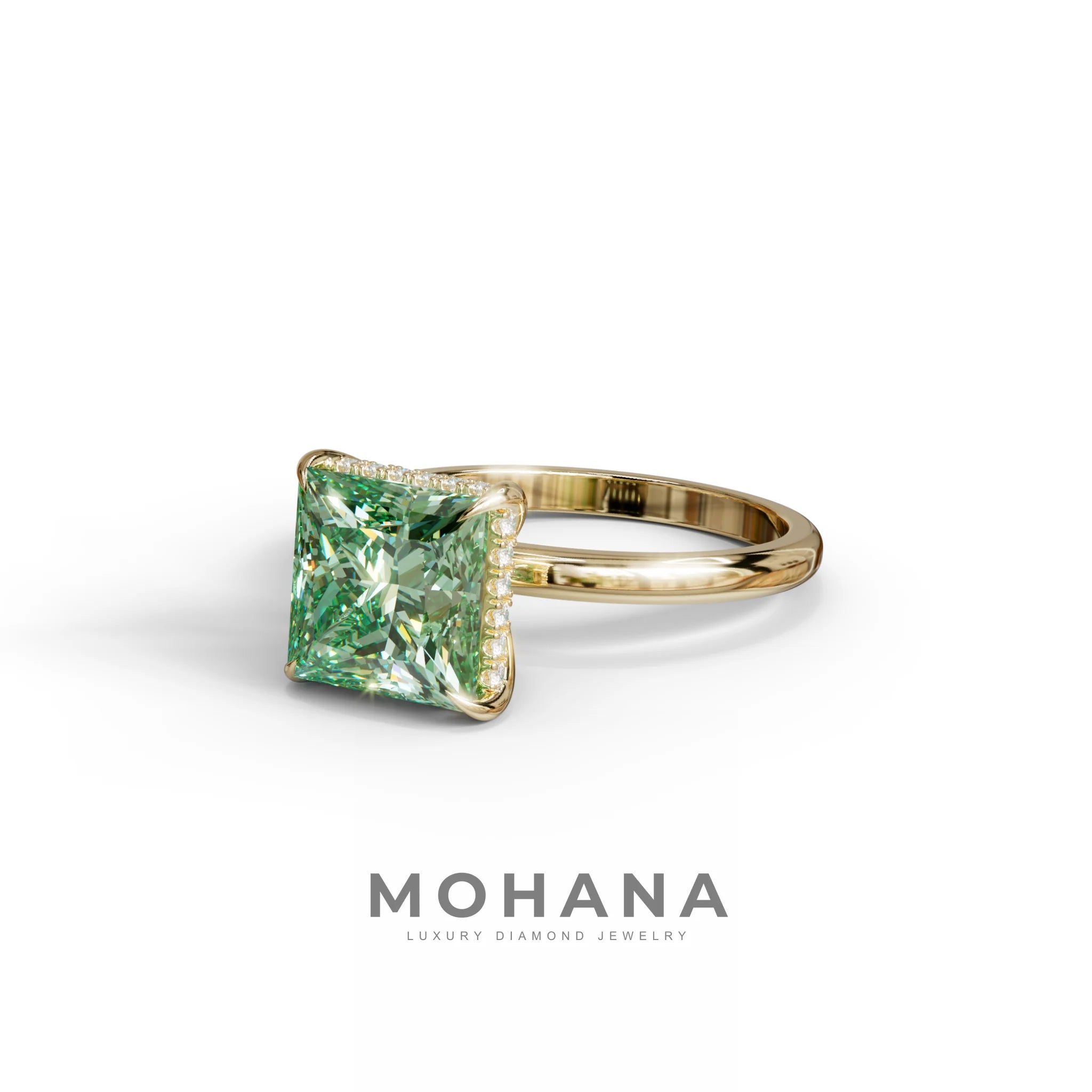 3 Carat Princess Cut Green Lab Diamond Hidden Halo Engagement Ring