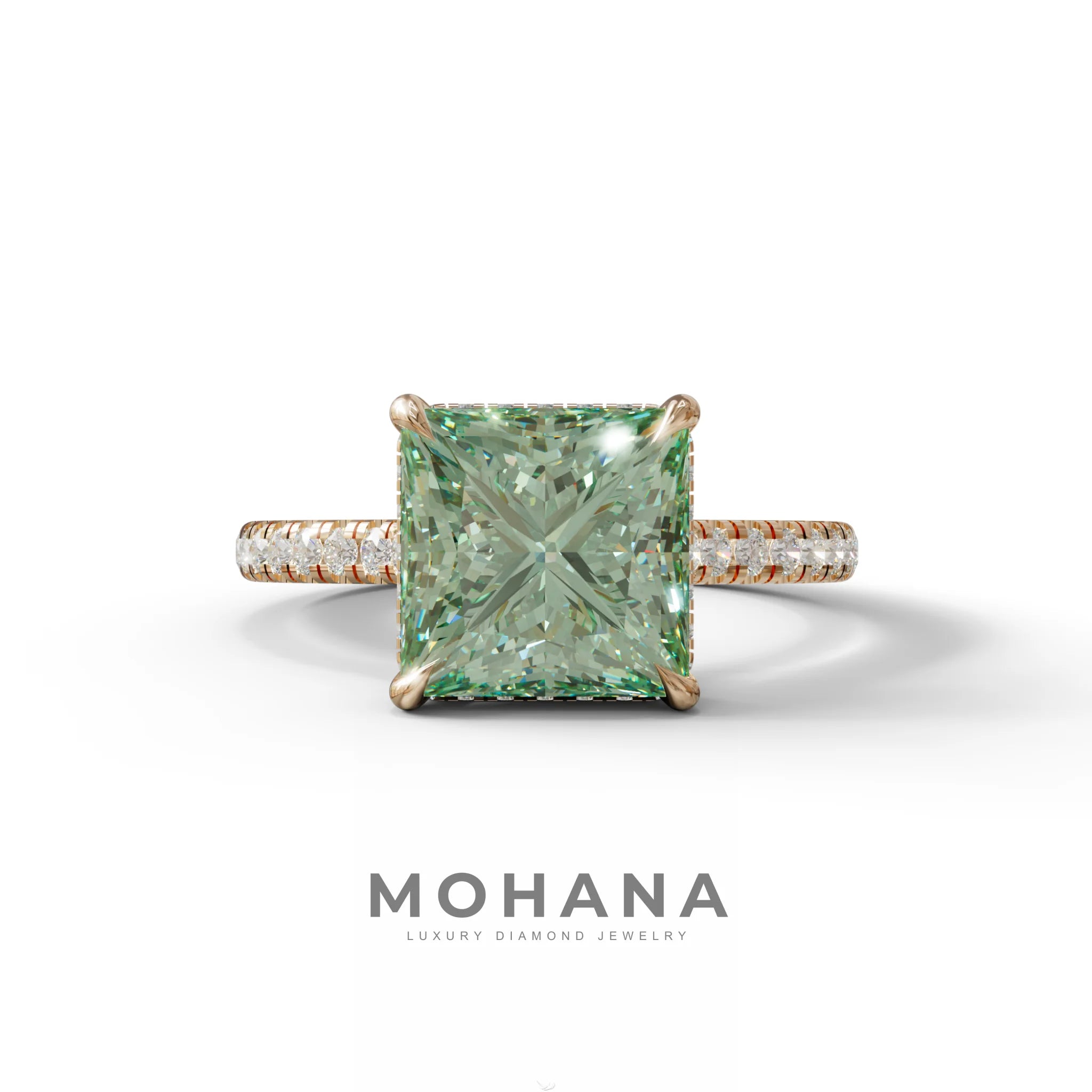 3 Carat Fancy Green Princess Cut Hidden Halo Lab Grown Diamond Engagement Ring - 10K Solid Gold / Rose Gold