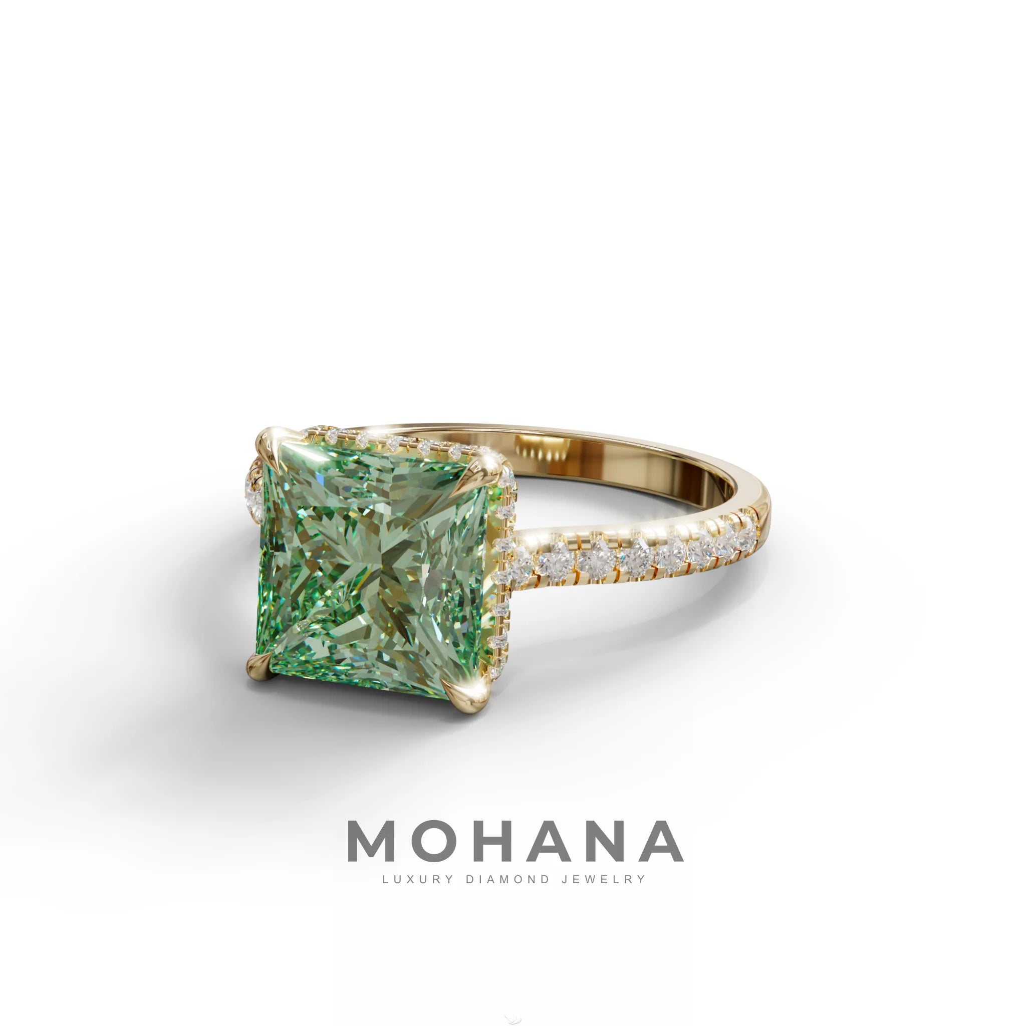 3 Carat Fancy Green Princess Cut Hidden Halo Lab Grown Diamond Engagement Ring