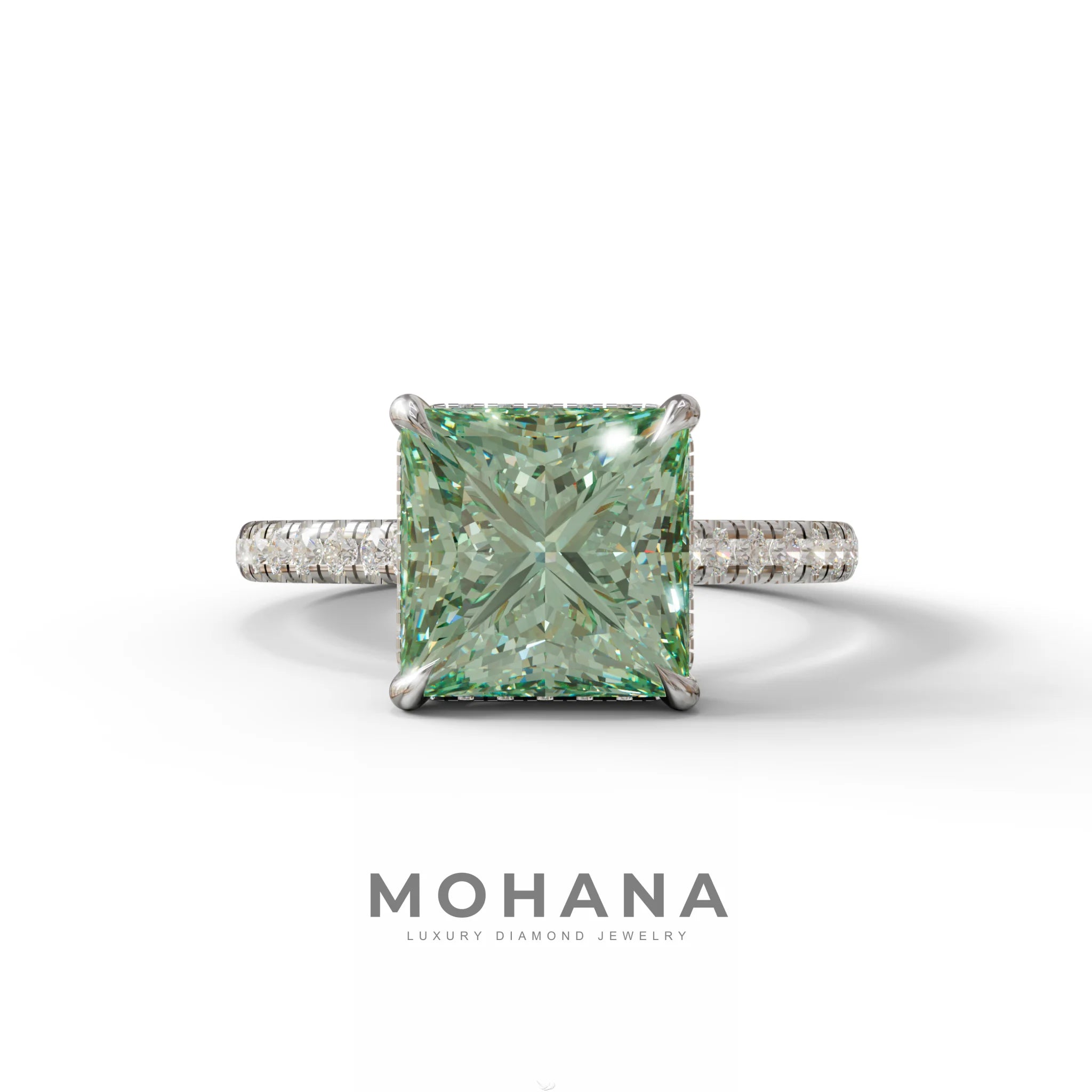 3 Carat Fancy Green Princess Cut Hidden Halo Lab Grown Diamond Engagement Ring - 10K Solid Gold / White Gold