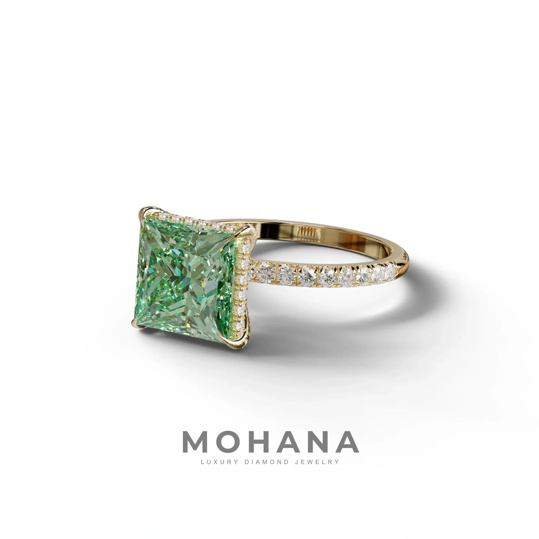 3 Carat Green Princess Cut Hidden Halo & Pave Lab Diamond Ring