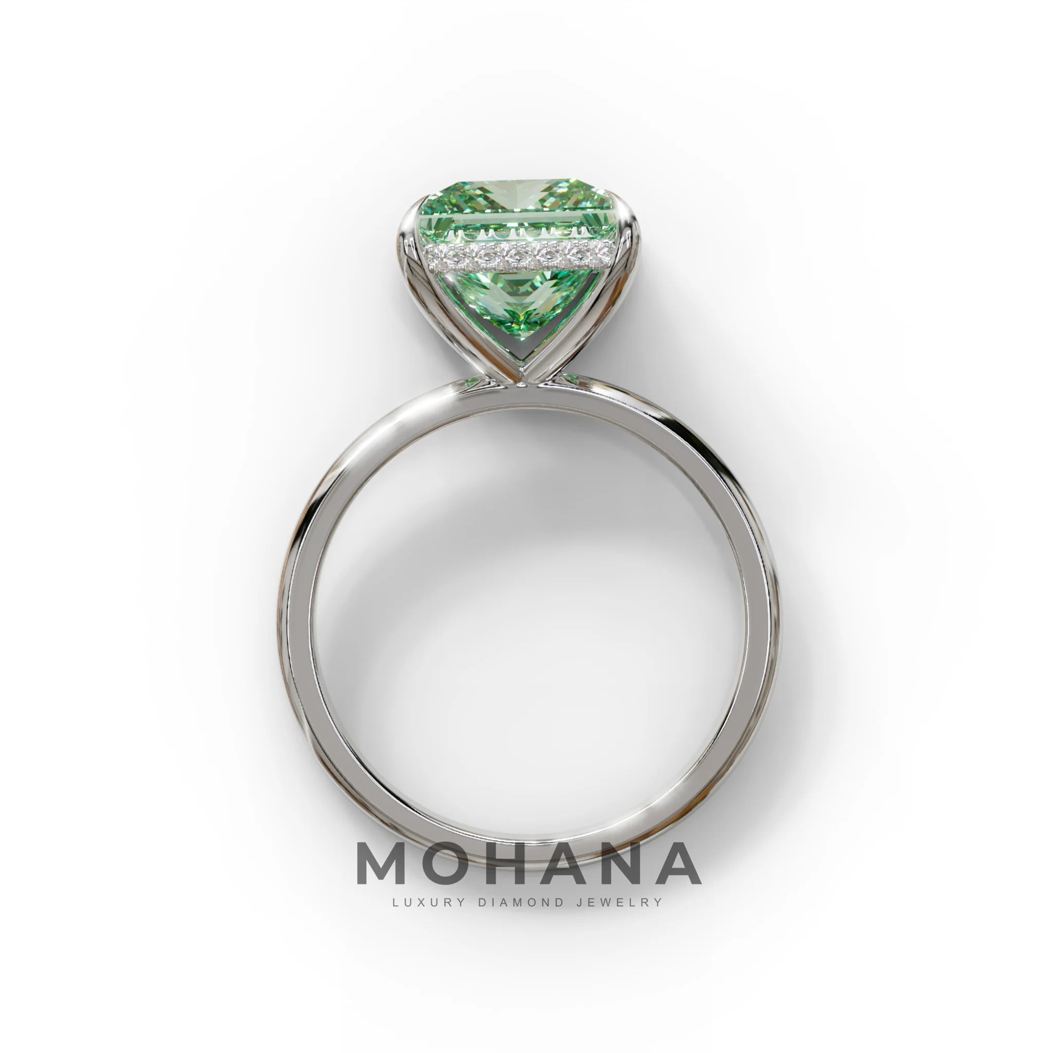 3 Carat Princess Cut Green Lab Diamond Hidden Halo Engagement Ring