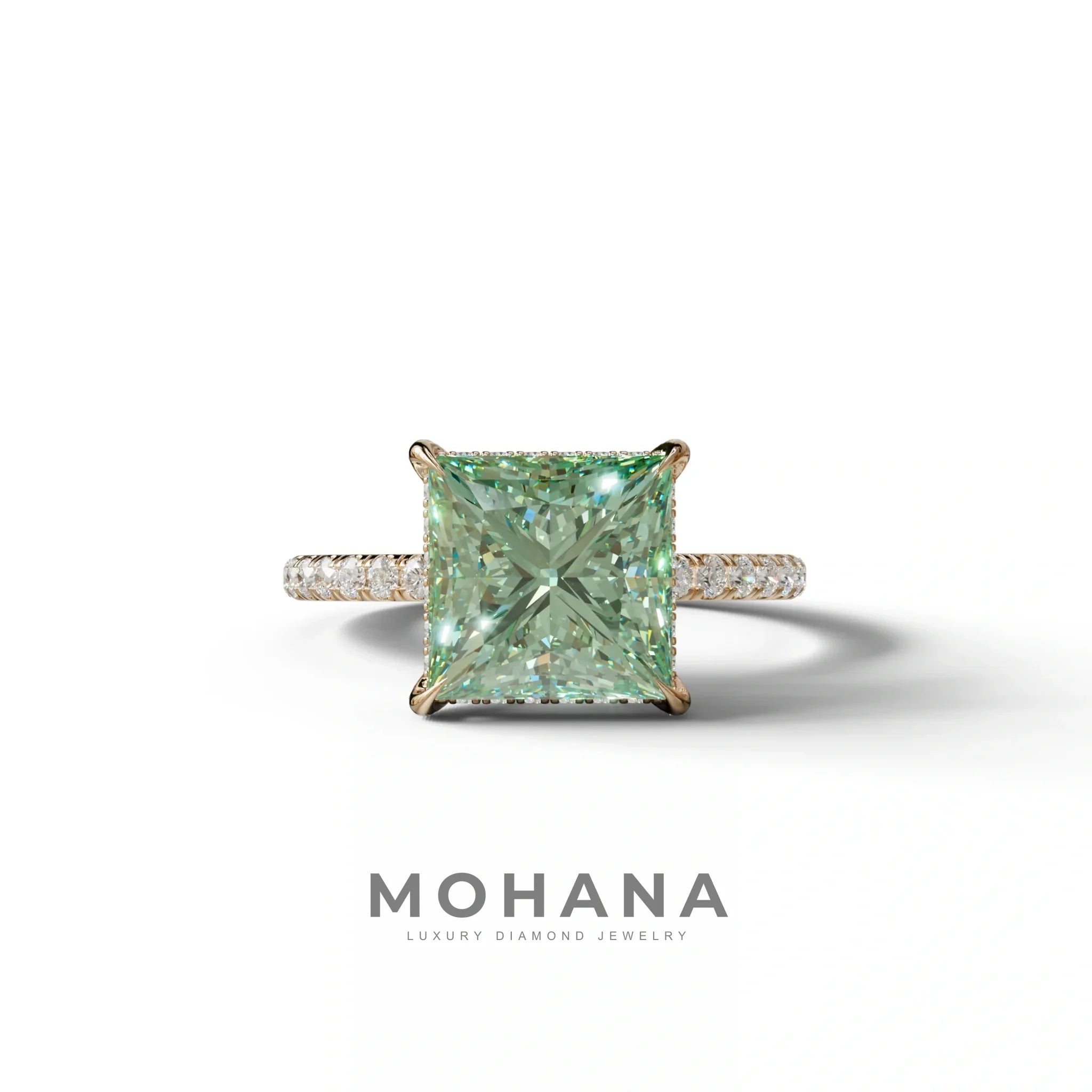 3 Carat Green Princess Cut Hidden Halo & Pave Lab Diamond Ring - 10K Solid Gold / Rose Gold