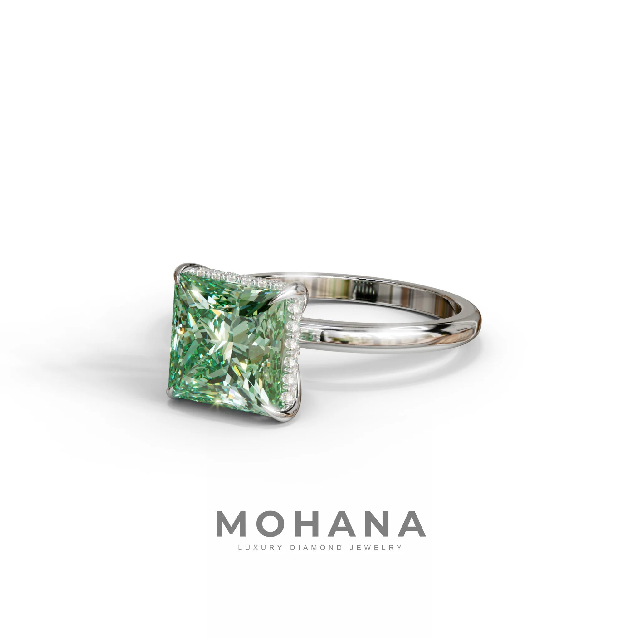 3 Carat Princess Cut Green Lab Diamond Hidden Halo Engagement Ring