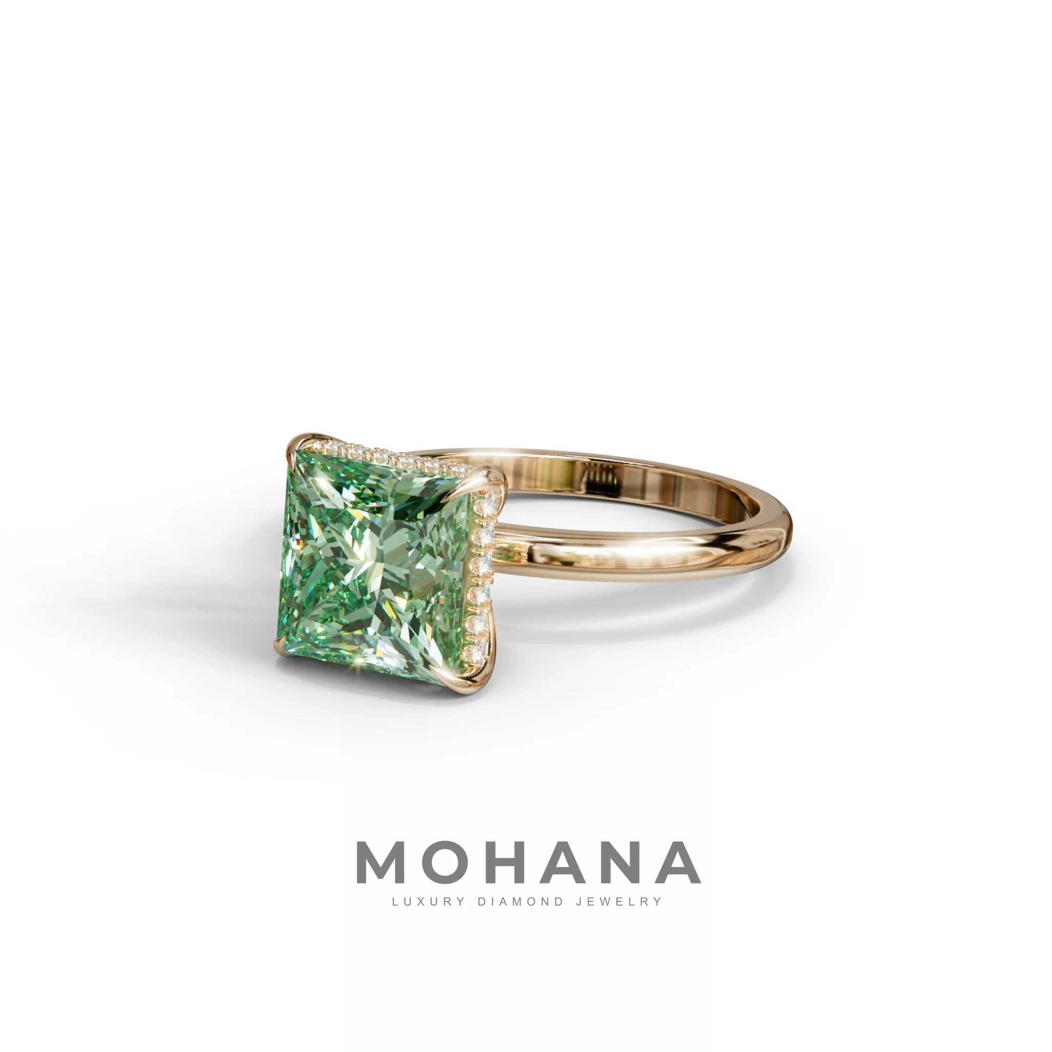 3 Carat Princess Cut Green Lab Diamond Hidden Halo Engagement Ring