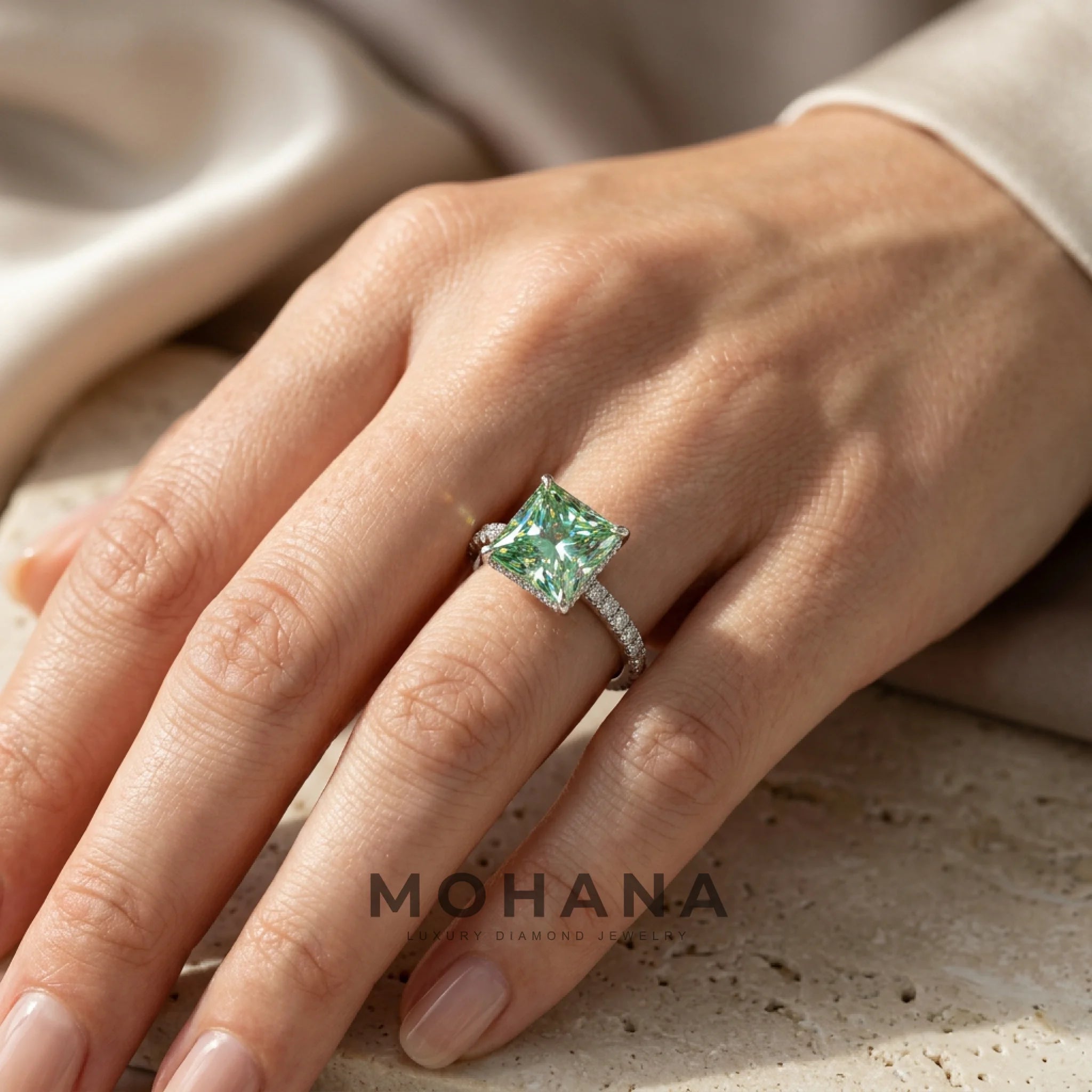 3 Carat Fancy Green Princess Cut Hidden Halo Lab Grown Diamond Engagement Ring