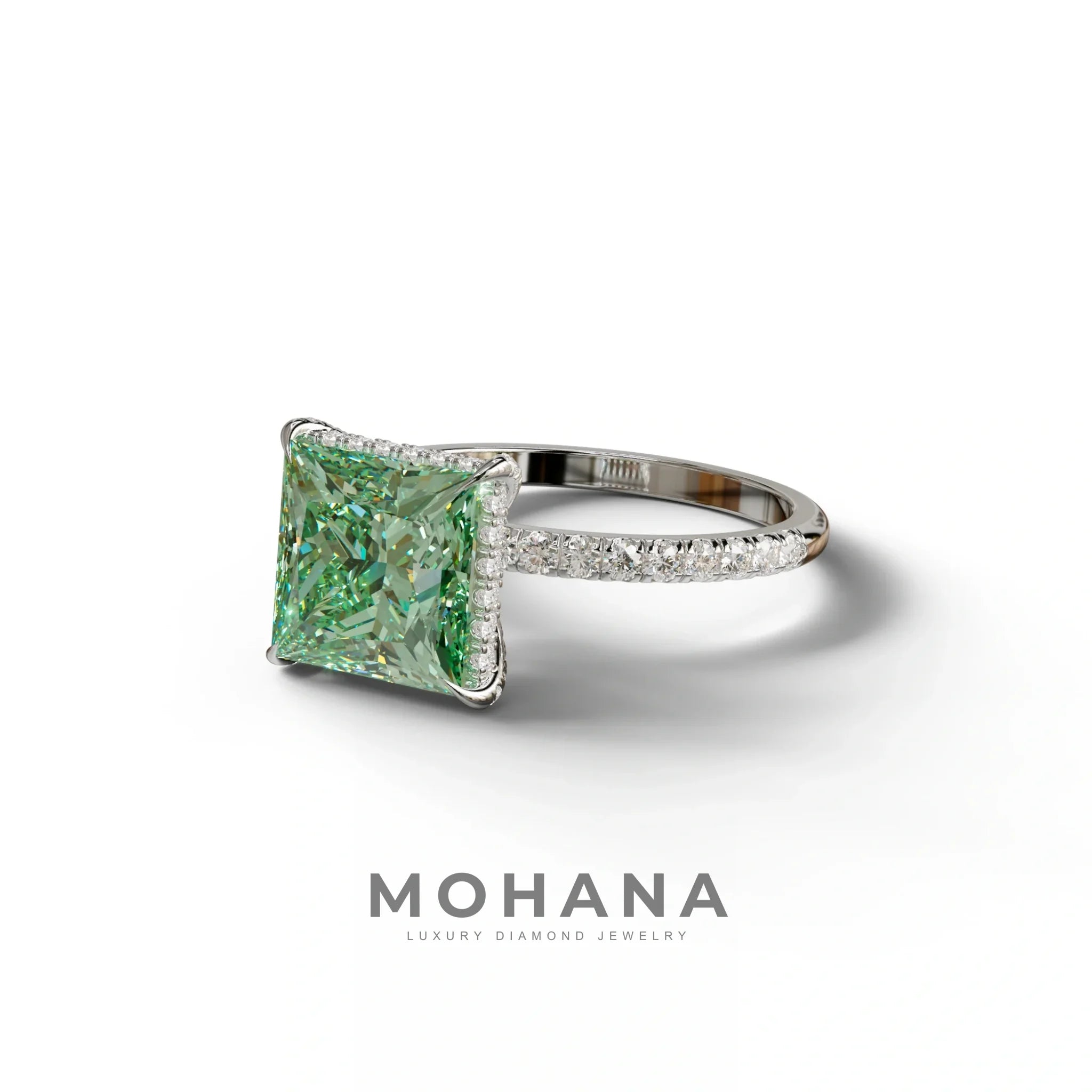 3 Carat Green Princess Cut Hidden Halo & Pave Lab Diamond Ring