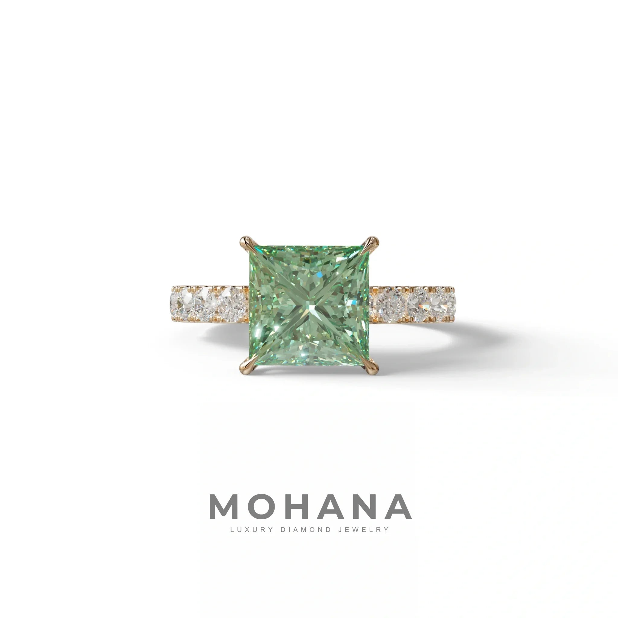 3 Carat Green Princess Cut Pave Lab Created Diamond Ring - Elysia - 18K Solid Gold / Yellow Gold