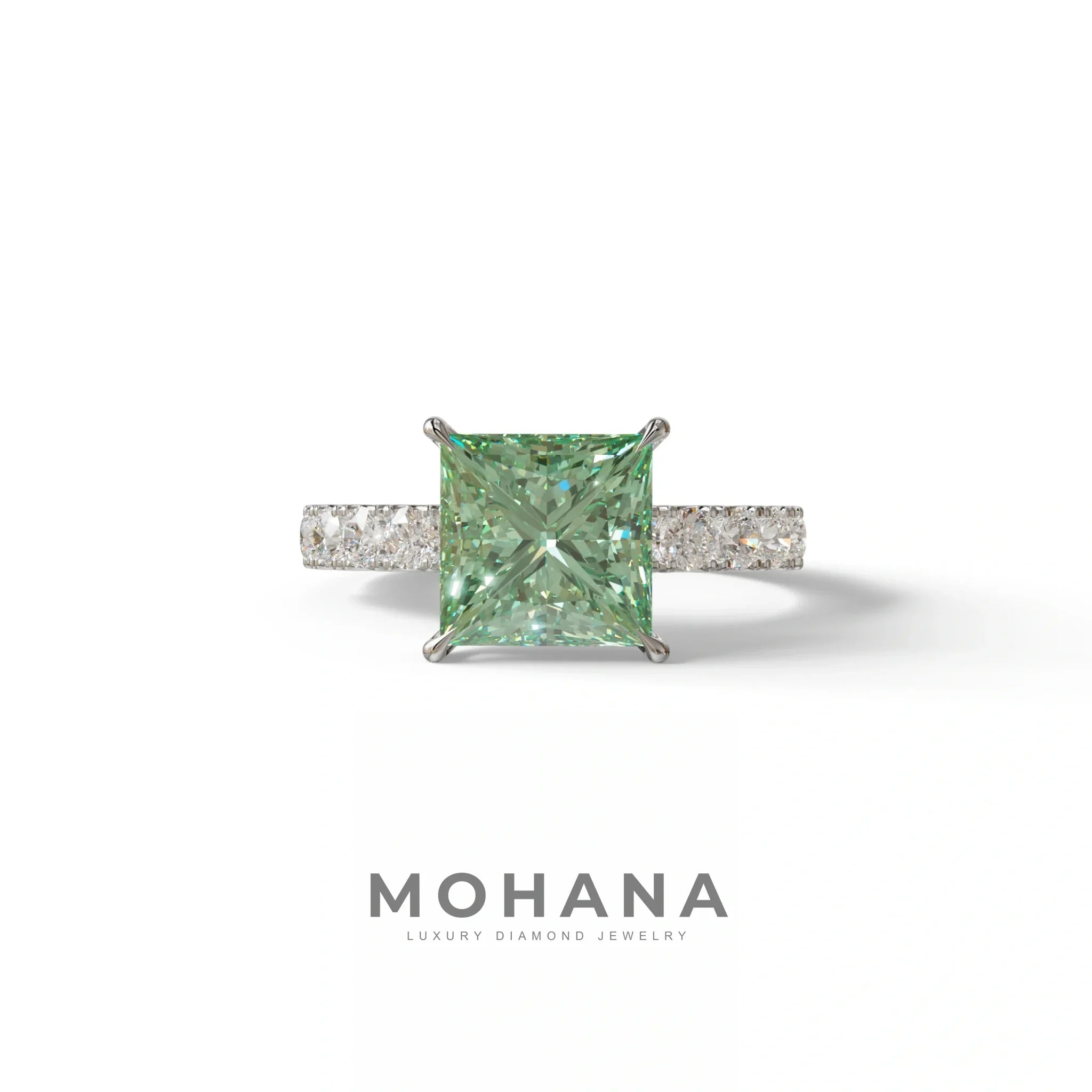 3 Carat Green Princess Cut Pave Lab Created Diamond Ring - Elysia - 14K Solid Gold / Yellow Gold