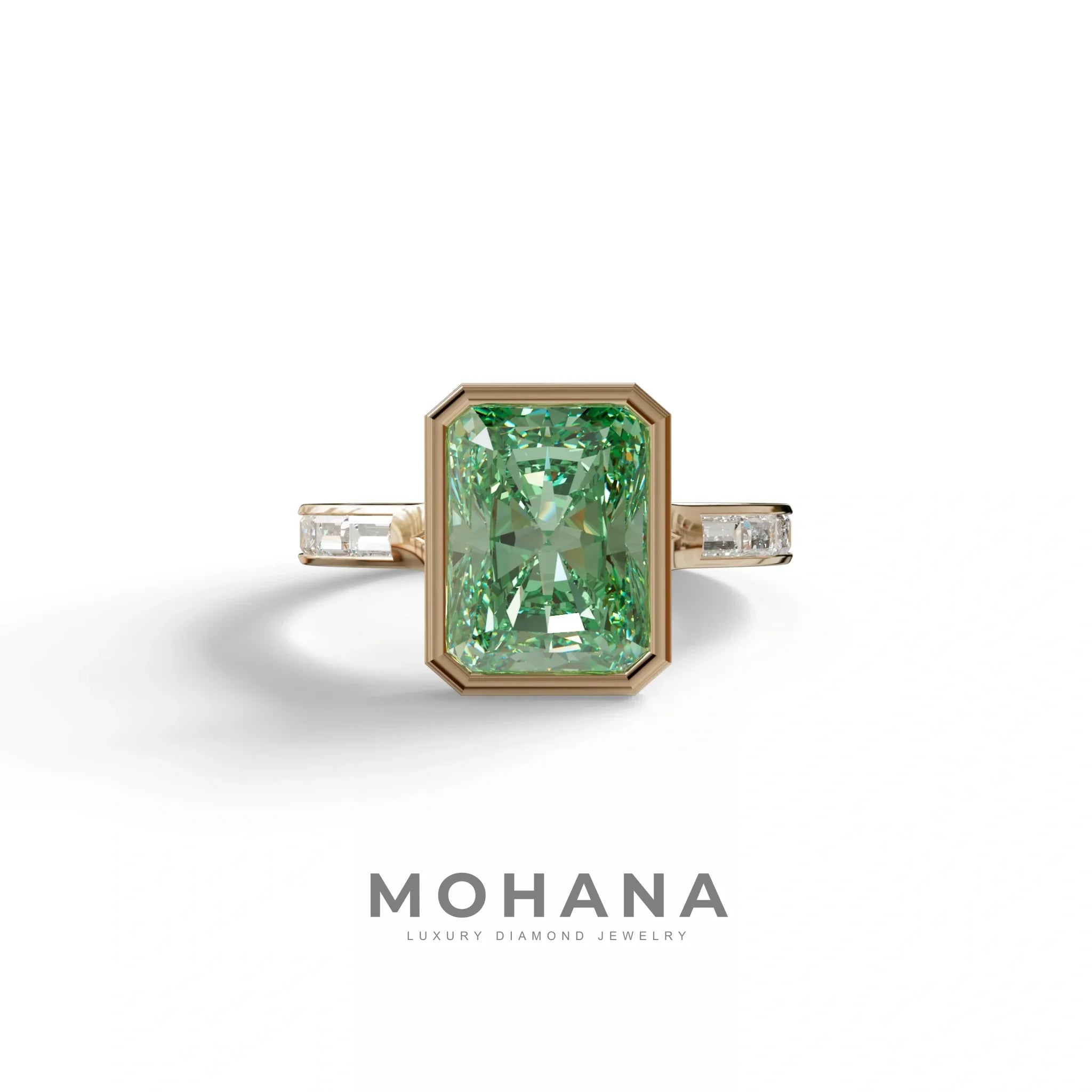 3 Ct Radiant Cut Green Color Lab Diamond Ring - Olympia - 10K Solid Gold / Rose Gold
