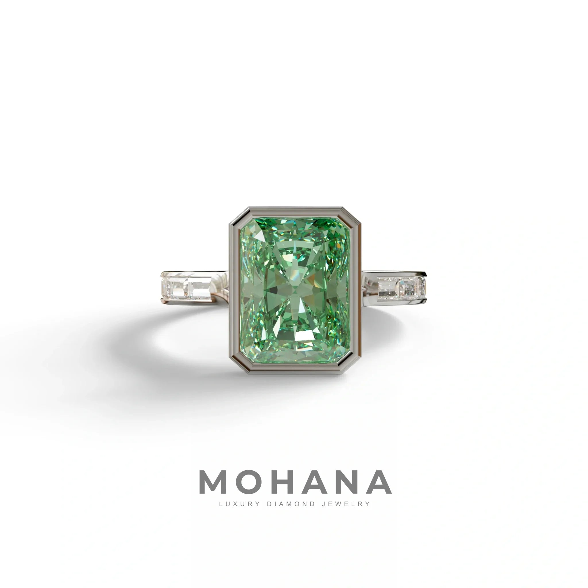 3 Ct Radiant Cut Green Color Lab Diamond Ring - Olympia - 10K Solid Gold / White Gold