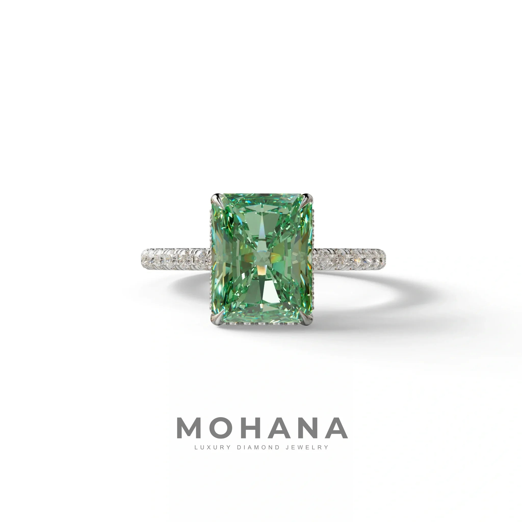 3 Carat Radiant Cut Green Color Lab Diamond Ring -Monica - 10K Solid Gold / White Gold