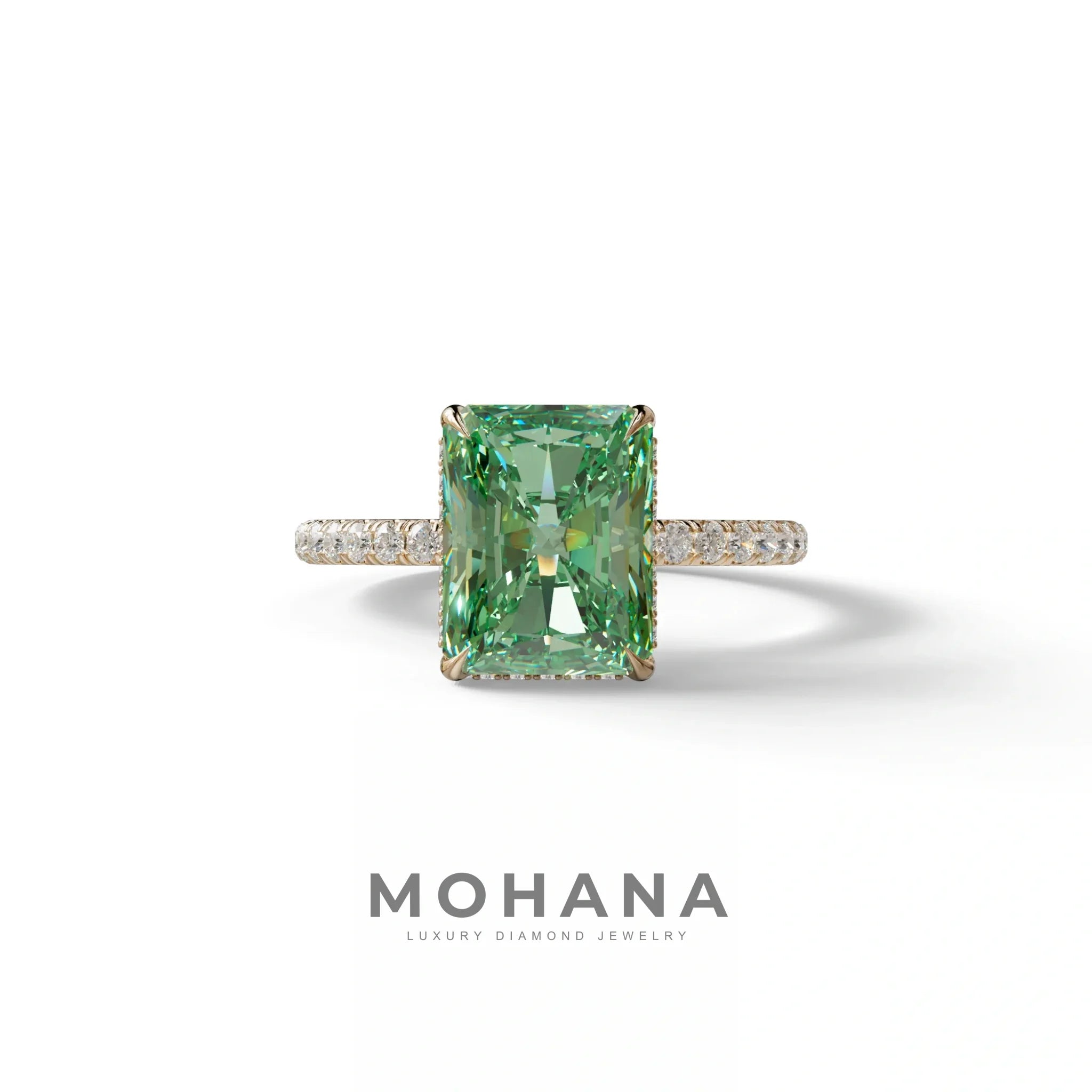 3 Carat Radiant Cut Green Color Lab Diamond Ring -Monica - 10K Solid Gold / Rose Gold