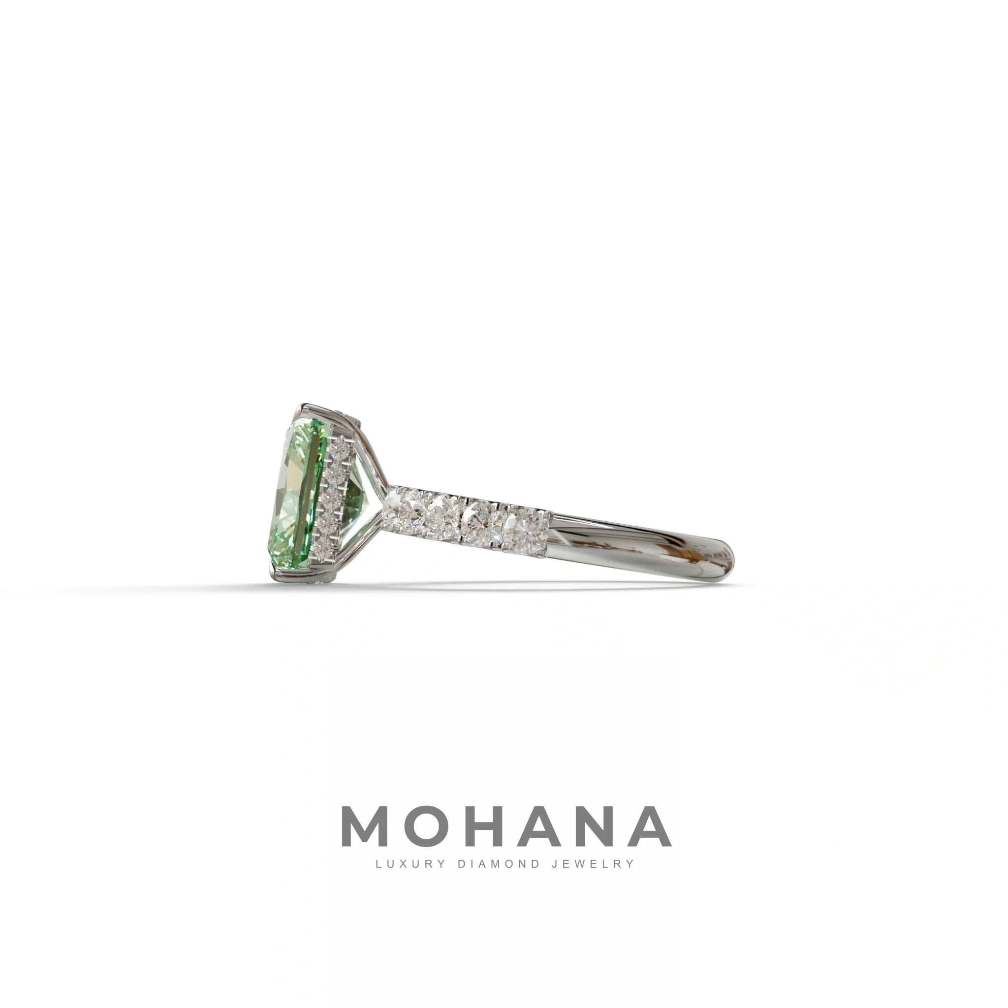 3 Carat Green Radiant Cut Lab Diamond Hidden Halo Engagement Ring - Lace Bridge