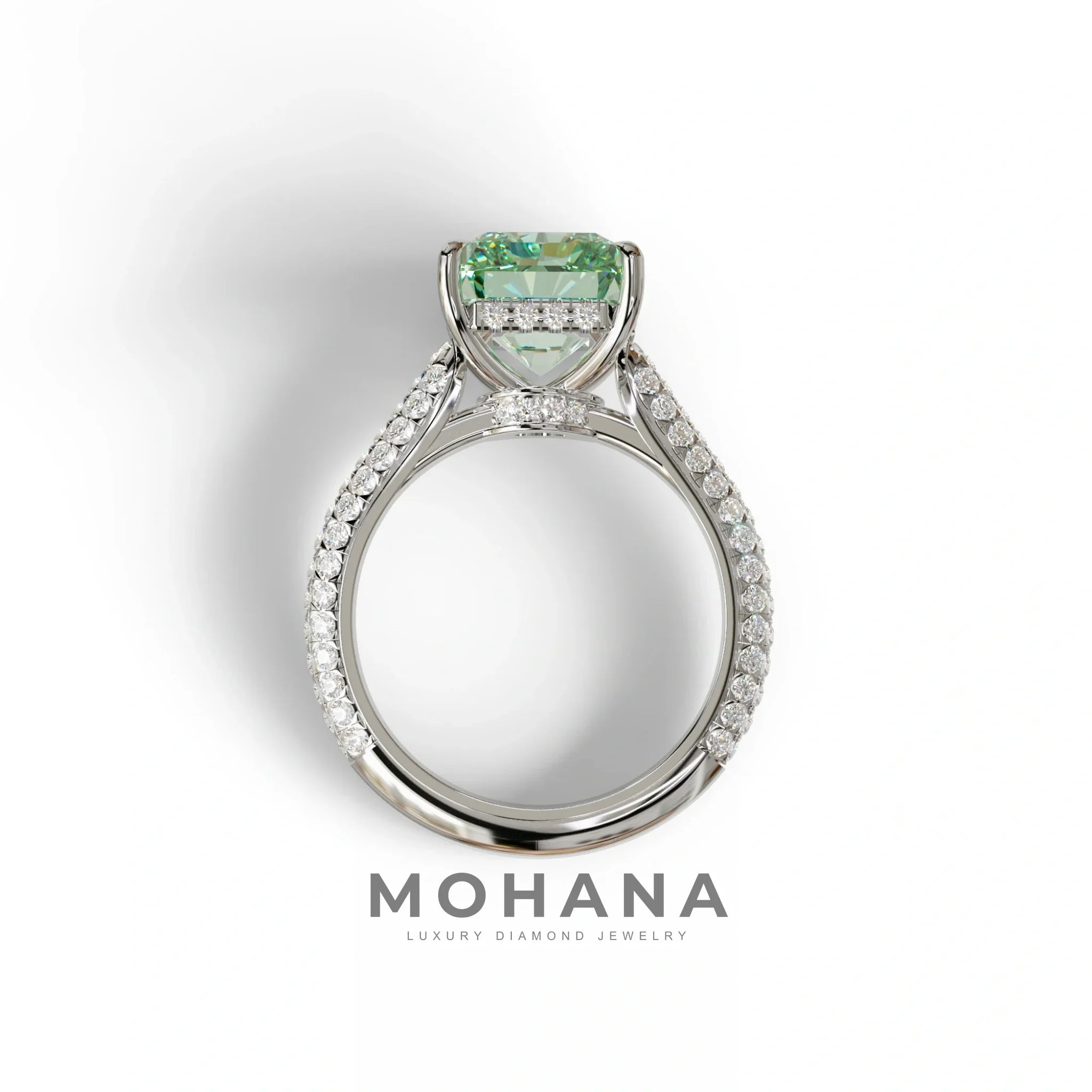 3 Carat Green Radiant Cut Hidden Halo & Pave Set Lab Diamond Ring - Riviera
