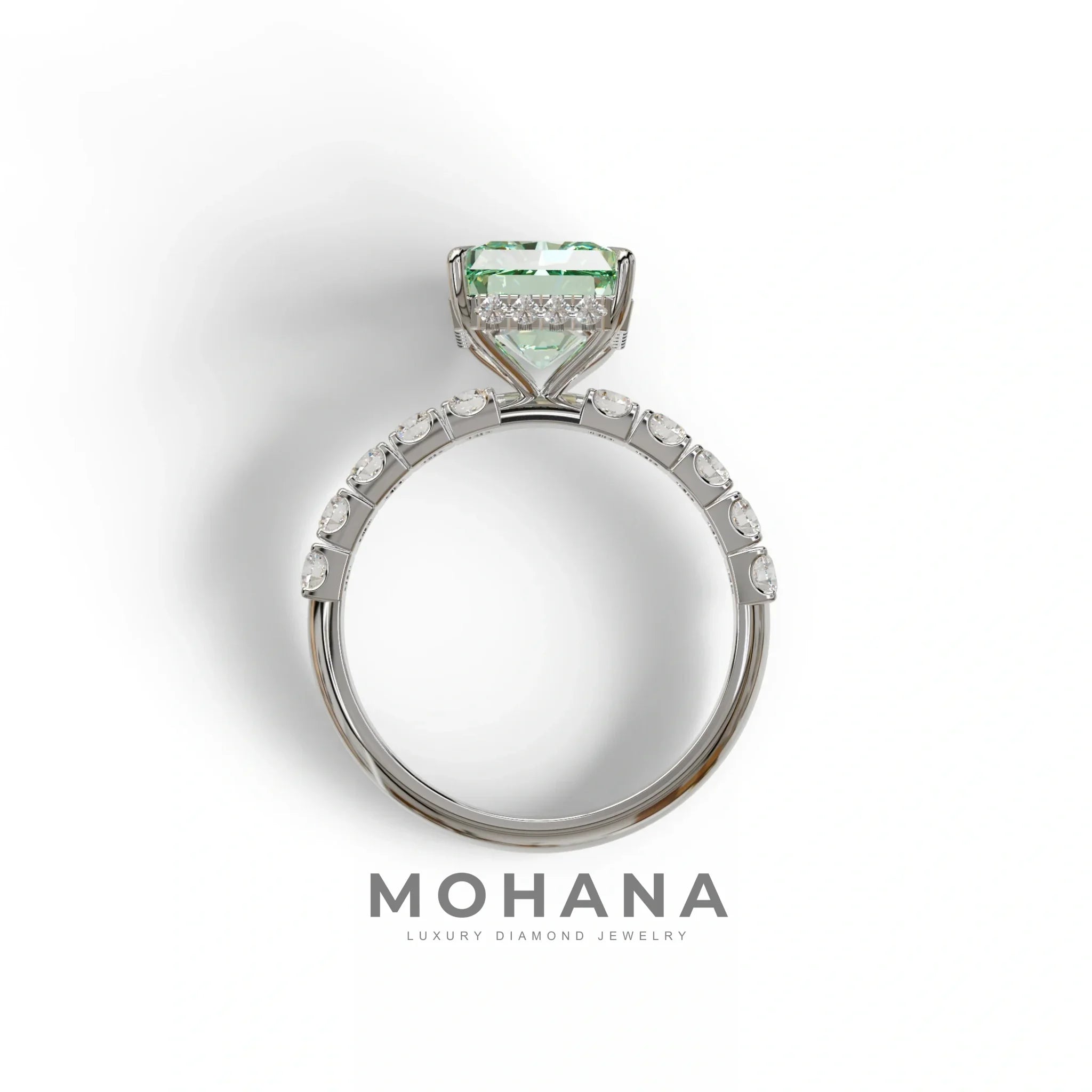 3 Carat Green Radiant Cut Lab Diamond Hidden Halo Engagement Ring - Lace Bridge